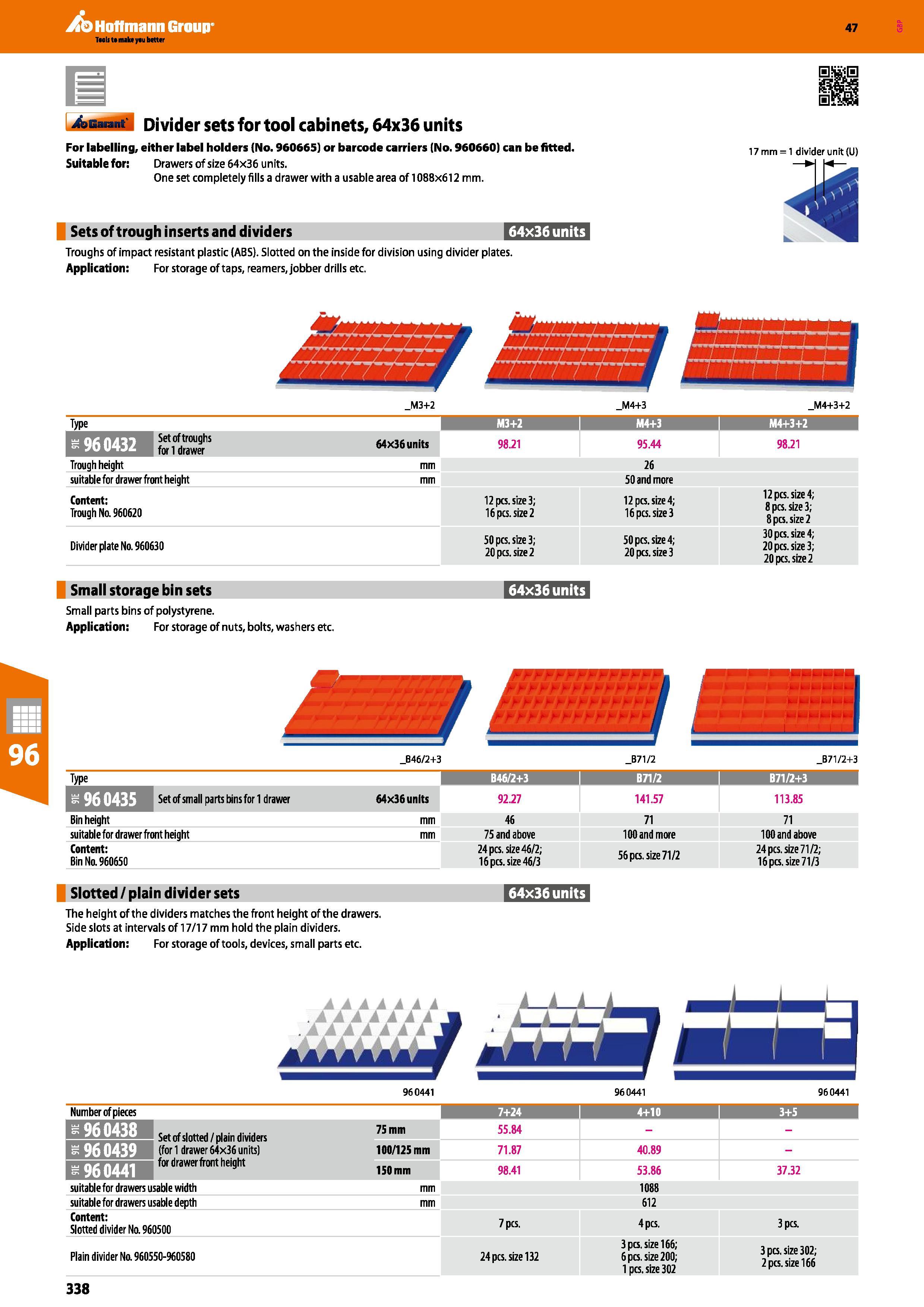 338 Hoffmann Group 47 4sEM tii Divider sets for tool cabinets, 64x36 units For labelling, either label holders (No 960665) or barcode carriers (No 96 Каталог HOFFMANN GROUP 2016 Производственная мебель для работы хранения и транспортировки в условиях промышленных предприятий и сервисных мастерских Вер. 47 ENG Стр. 338