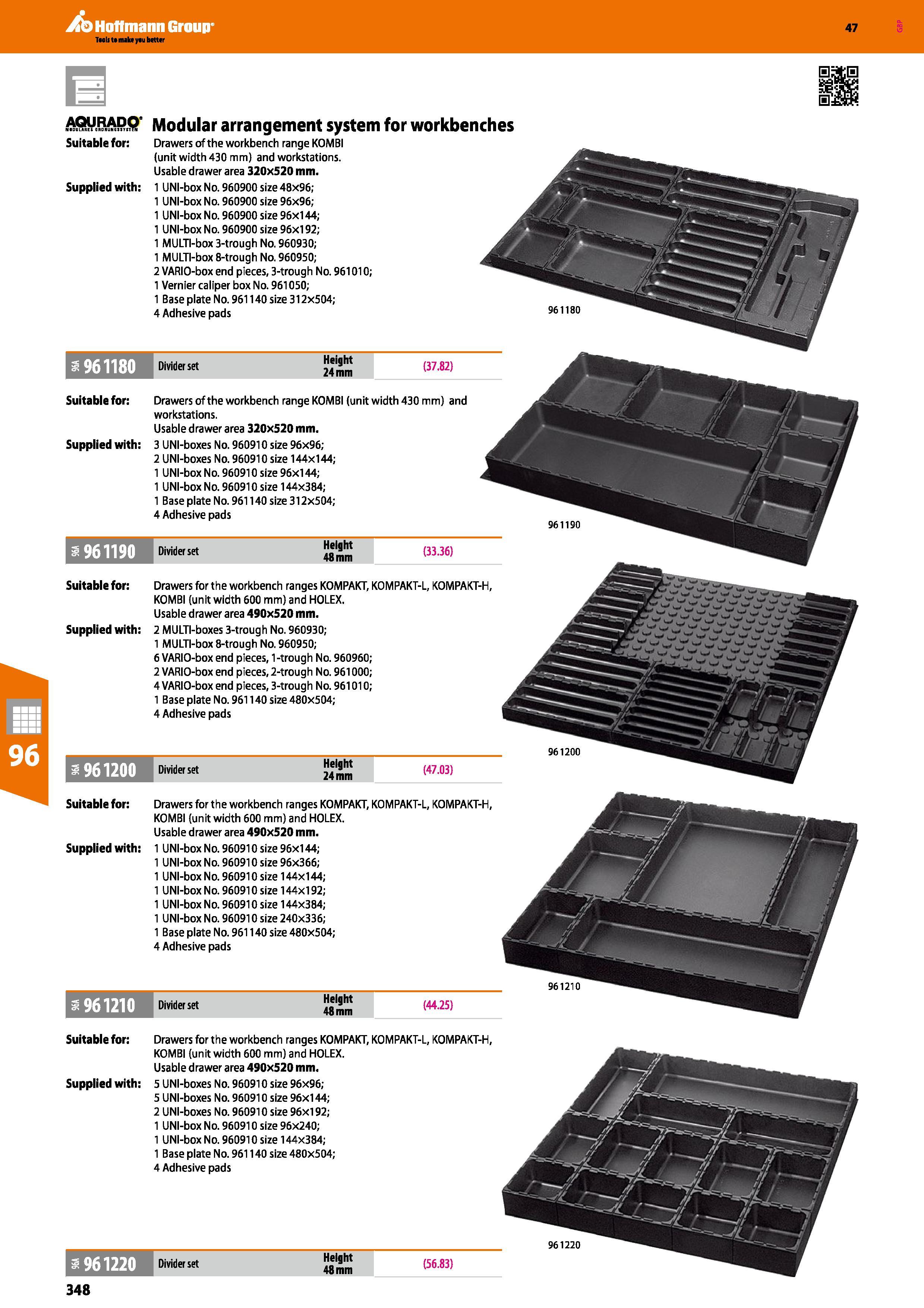 348 Hoffmann Group Suitable for: Drawers for the workbench ranges KOMPAKT, KOMPAKT-L, KOMPAKT-H, KOMBI (unit width 600 mm) and HOLEX Usable drawer ar Каталог HOFFMANN GROUP 2016 Производственная мебель для работы хранения и транспортировки в условиях промышленных предприятий и сервисных мастерских Вер. 47 ENG Стр. 348