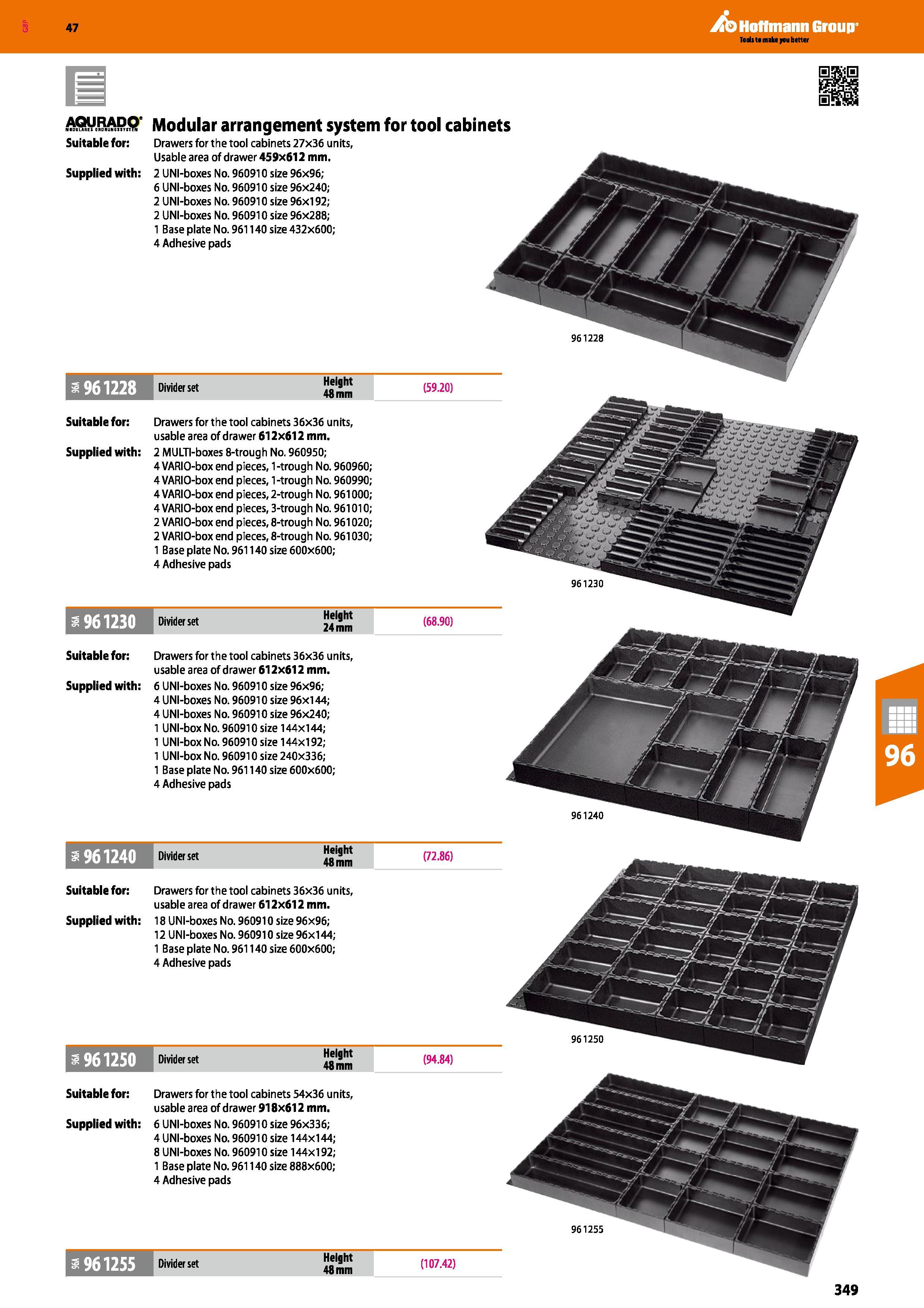 349 a 961230 Divider set Height 24 mm (68 90) Suitable for: Drawers for the tool cabinets 36x36 units, usable area of drawer 612x612 mm Supplied with Каталог HOFFMANN GROUP 2016 Производственная мебель для работы хранения и транспортировки в условиях промышленных предприятий и сервисных мастерских Вер. 47 ENG Стр. 349