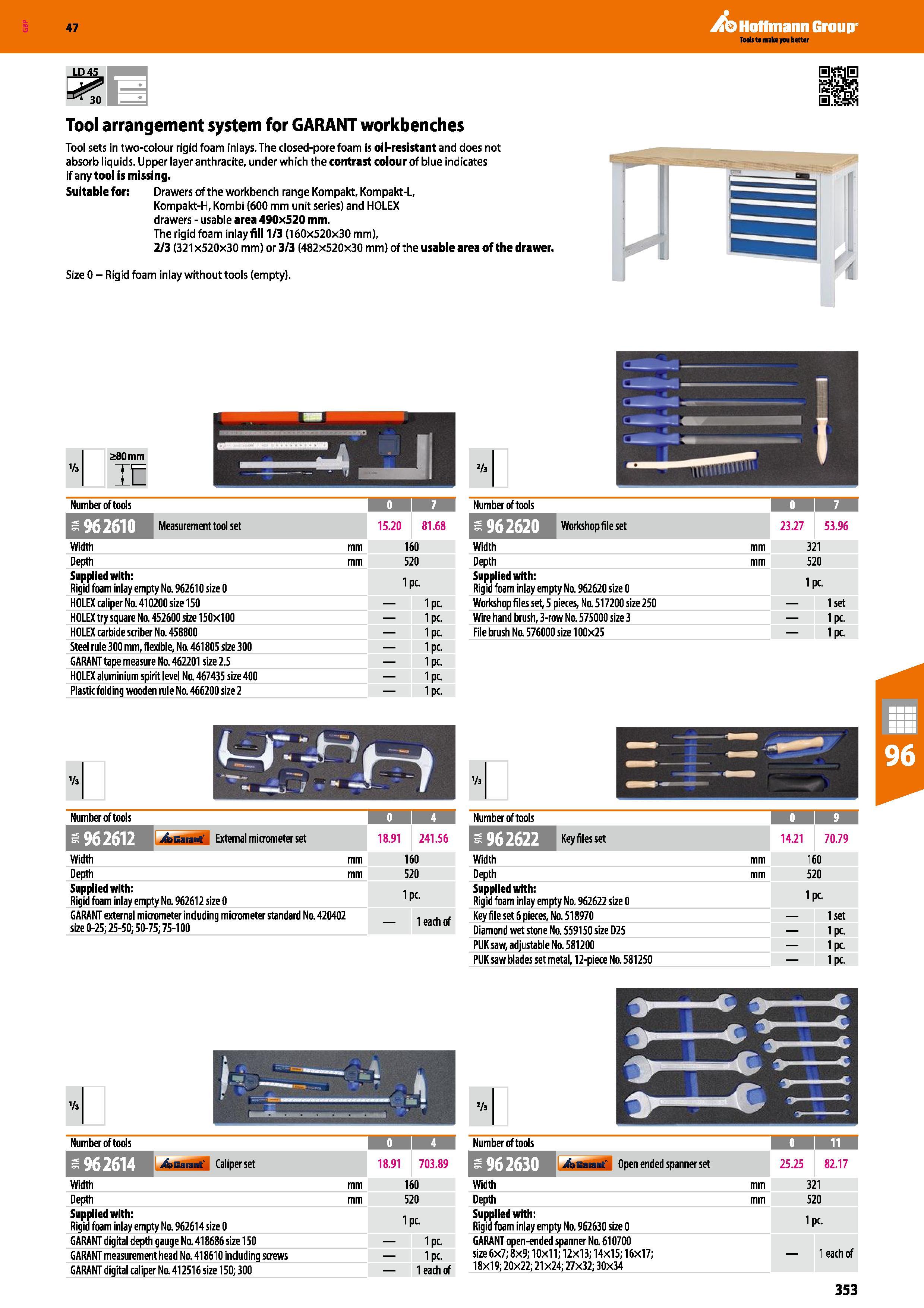 353 Hoffmann Group 47 LD45 EE Tool arrangement system for GARANT workbenches Tool sets in two-colour rigid foam inlays The closed-pore foam is oil-re Каталог HOFFMANN GROUP 2016 Производственная мебель для работы хранения и транспортировки в условиях промышленных предприятий и сервисных мастерских Вер. 47 ENG Стр. 353