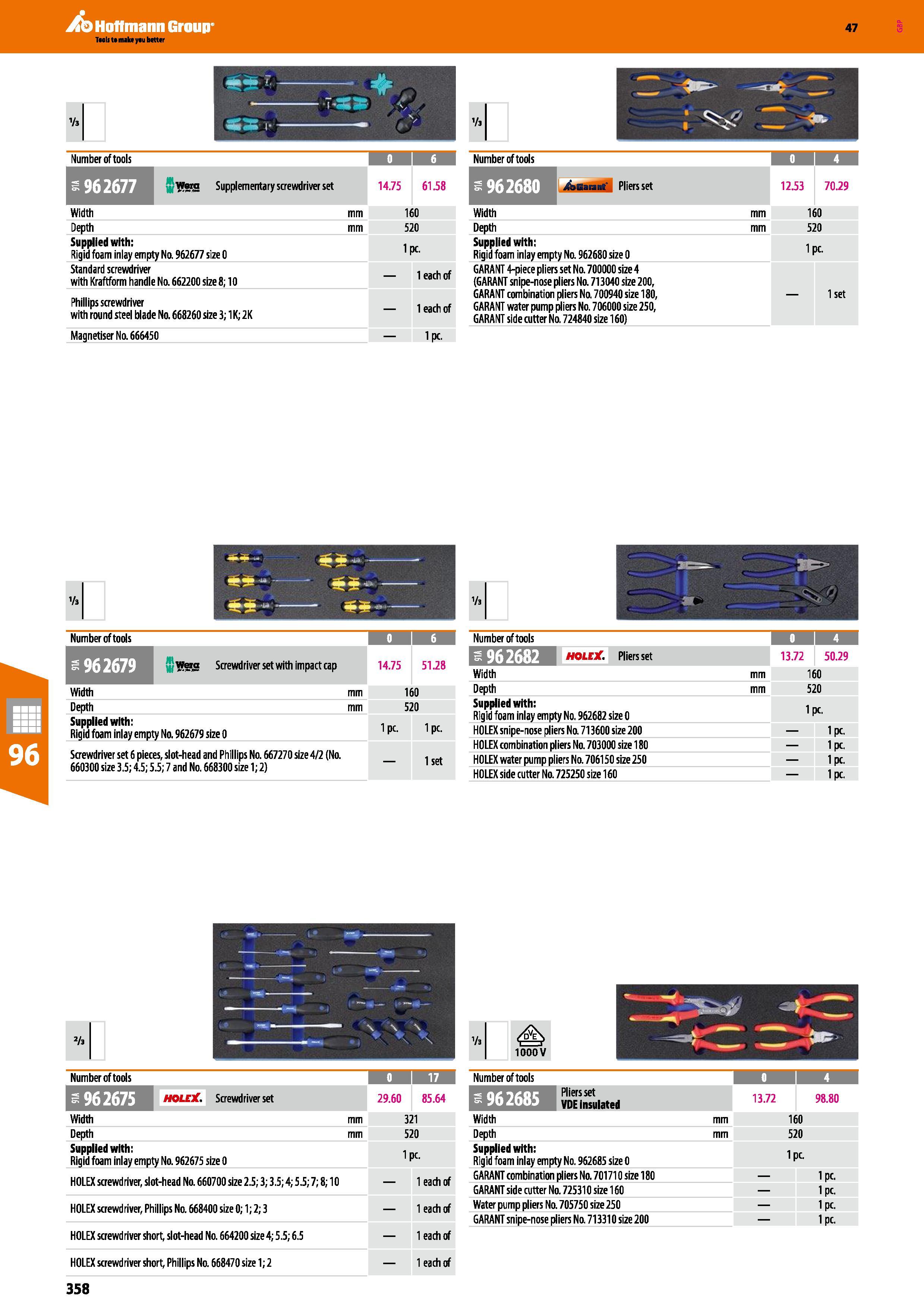 358 Hoffmann Group 47 'k 1 -T-M < 2 \ Va Number of tools Number of tools KB Werg Supplementary screwdriver set 14 75 61 58 /bGarant Pliers set 12 53 Каталог HOFFMANN GROUP 2016 Производственная мебель для работы хранения и транспортировки в условиях промышленных предприятий и сервисных мастерских Вер. 47 ENG Стр. 358