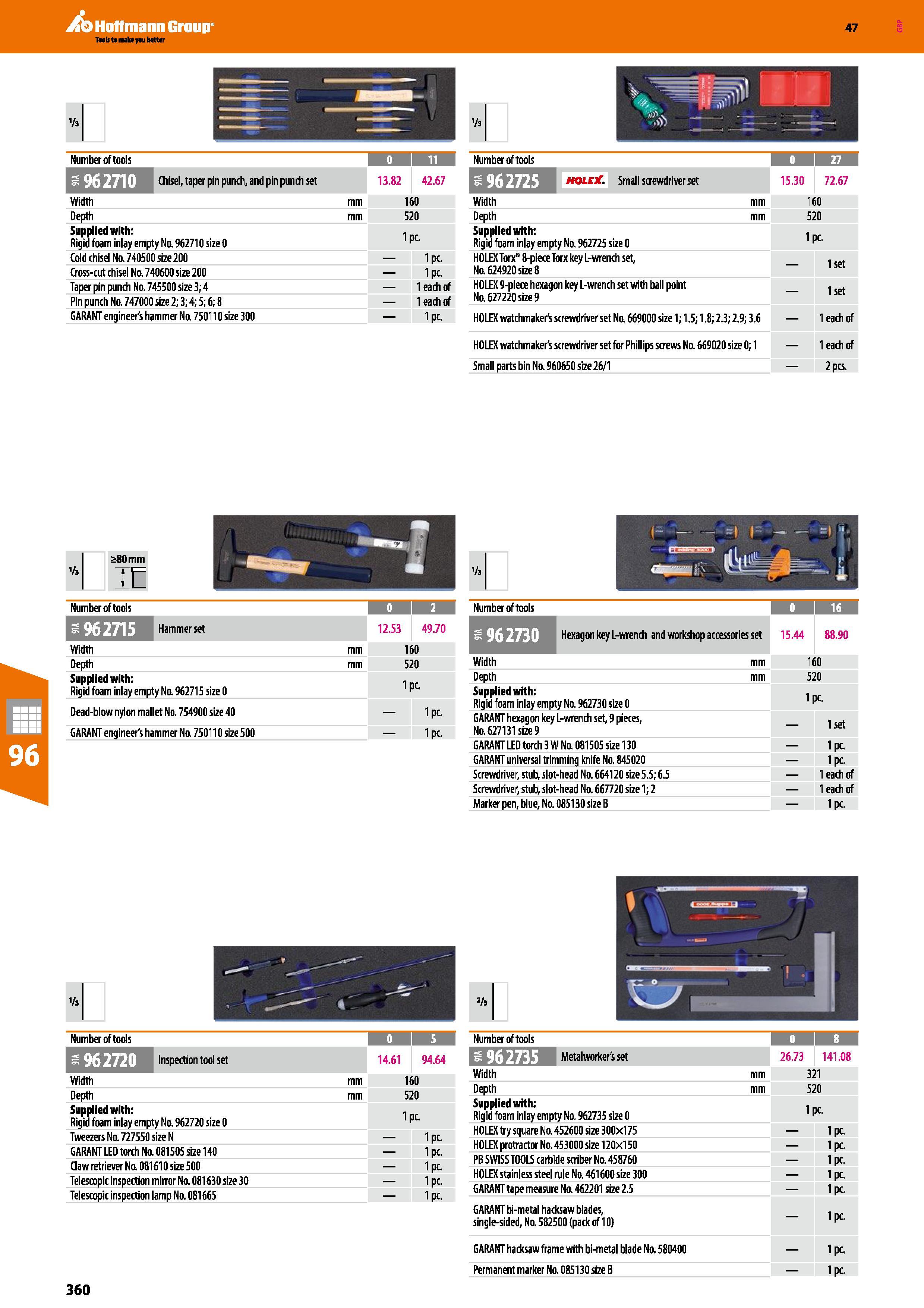 360 Number of tools 0 11 Chisel, taper pin punch, and pin punch set 13 82 42 67 Width mm 160 Depth mm 520 Supplied with: Rigid foam inlay empty Na 96 Каталог HOFFMANN GROUP 2016 Производственная мебель для работы хранения и транспортировки в условиях промышленных предприятий и сервисных мастерских Вер. 47 ENG Стр. 360