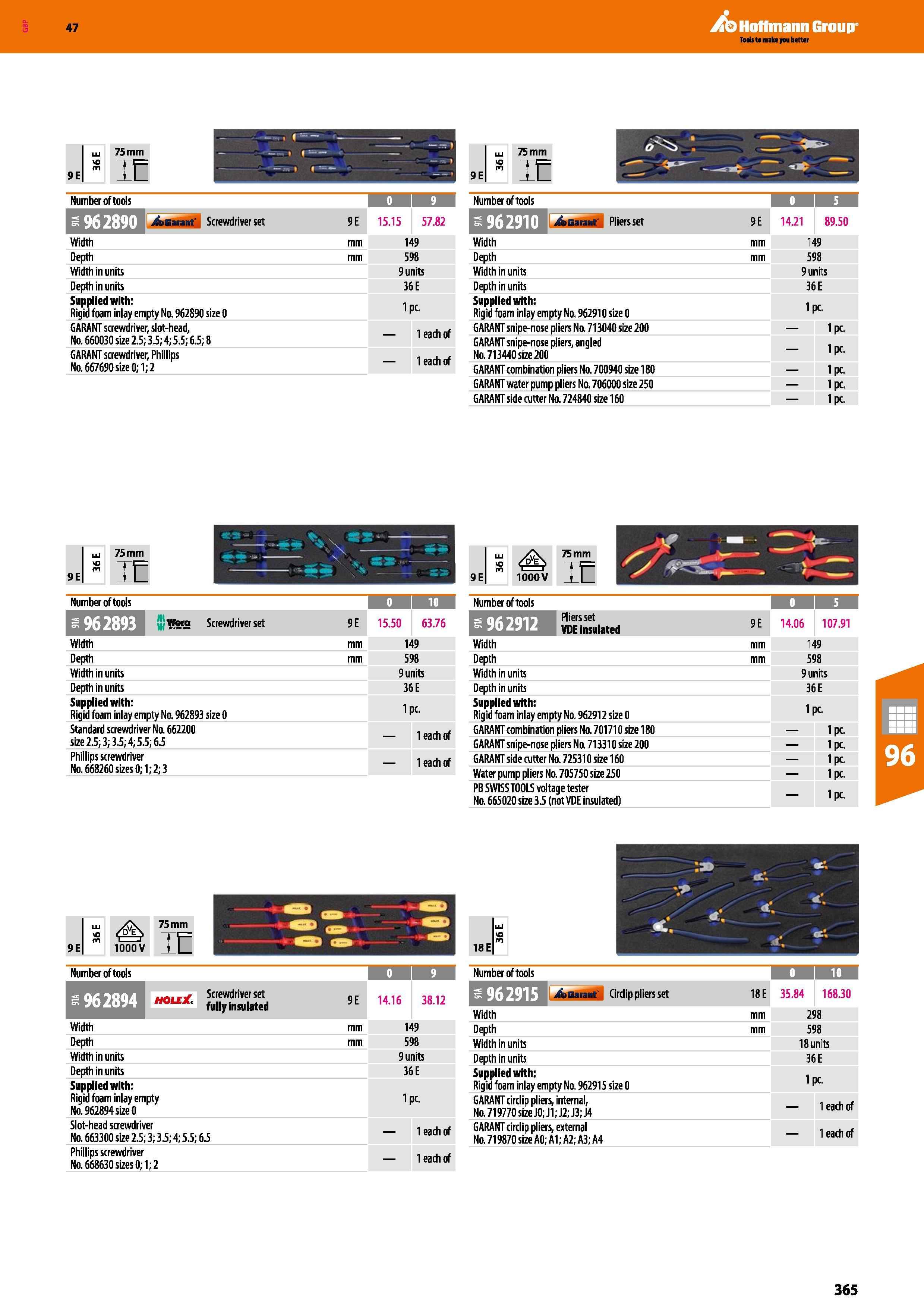 365 Hoffmann Group 47 1 LU 75 mm 9 E VO on 11 C >=- , f _ n I f Number of tools f &i‘ I1 1J /fccaiant' Screwdriver set 9E 15 15 57 82 Width mm 149 De Каталог HOFFMANN GROUP 2016 Производственная мебель для работы хранения и транспортировки в условиях промышленных предприятий и сервисных мастерских Вер. 47 ENG Стр. 365