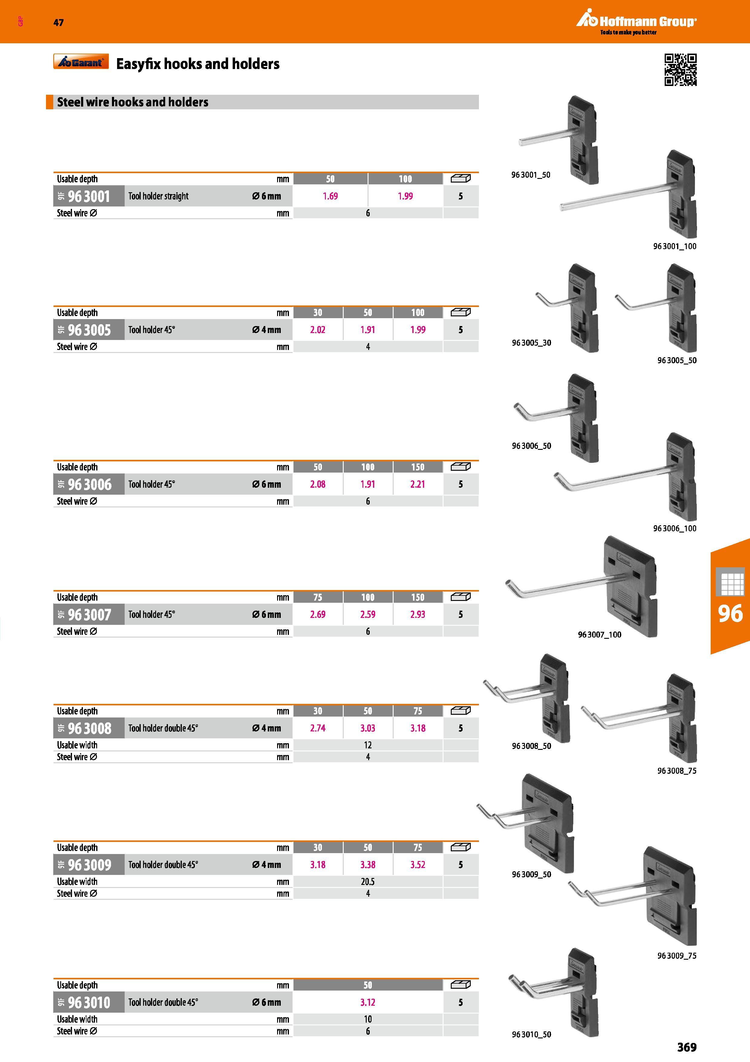 369 47 Easyfix hooks and holders Steel wire hooks and holders A Hoffmann Group Usable depth mm 50 1 100 o Tool holder straight 06mm 1 69 1 99 5 Steel Каталог HOFFMANN GROUP 2016 Производственная мебель для работы хранения и транспортировки в условиях промышленных предприятий и сервисных мастерских Вер. 47 ENG Стр. 369