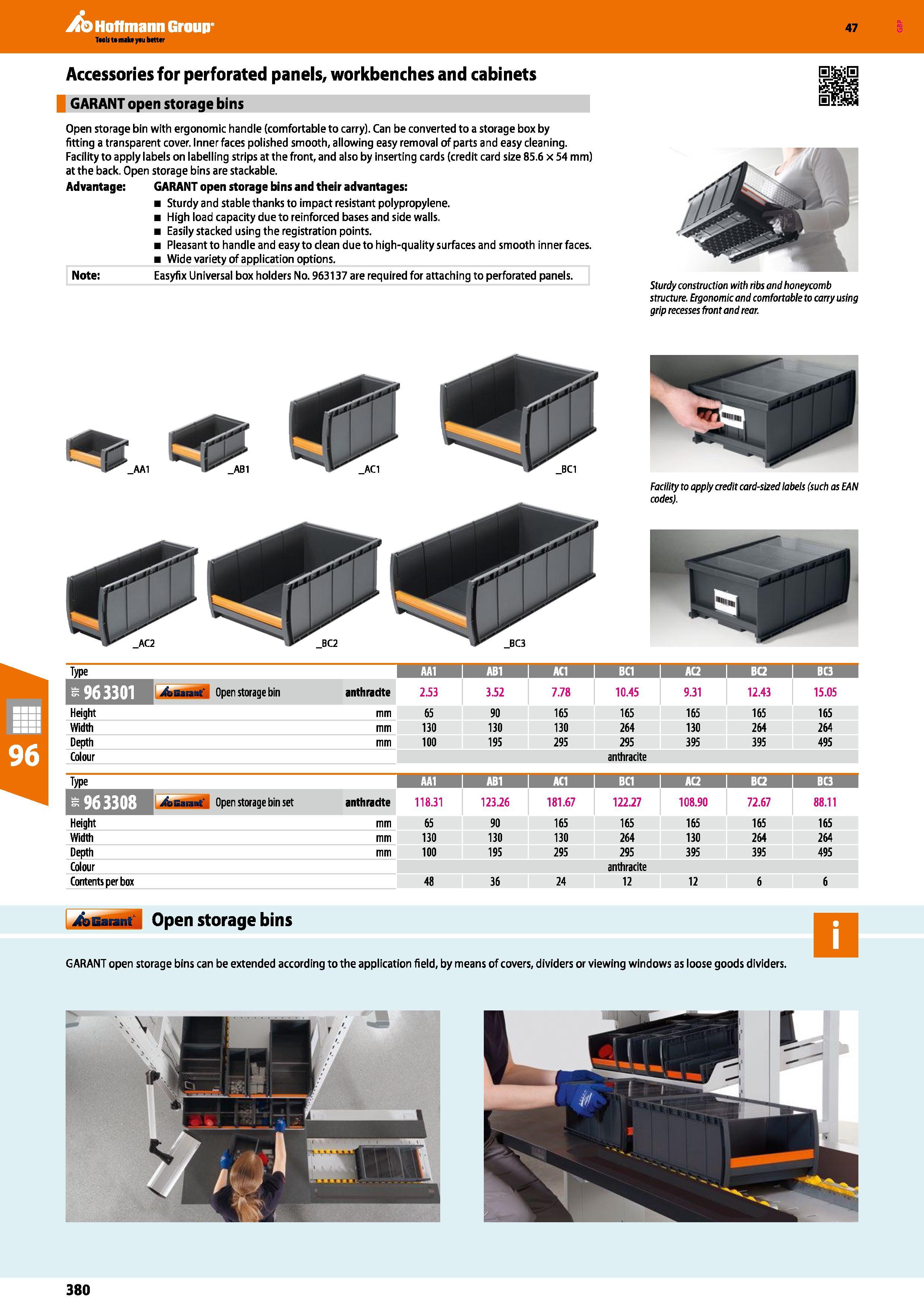 380 Hoffmann Group 47 Accessories for perforated panels, workbenches and cabinets GARANT open storage bins Open storage bin with ergonomic handle (co Каталог HOFFMANN GROUP 2016 Производственная мебель для работы хранения и транспортировки в условиях промышленных предприятий и сервисных мастерских Вер. 47 ENG Стр. 380