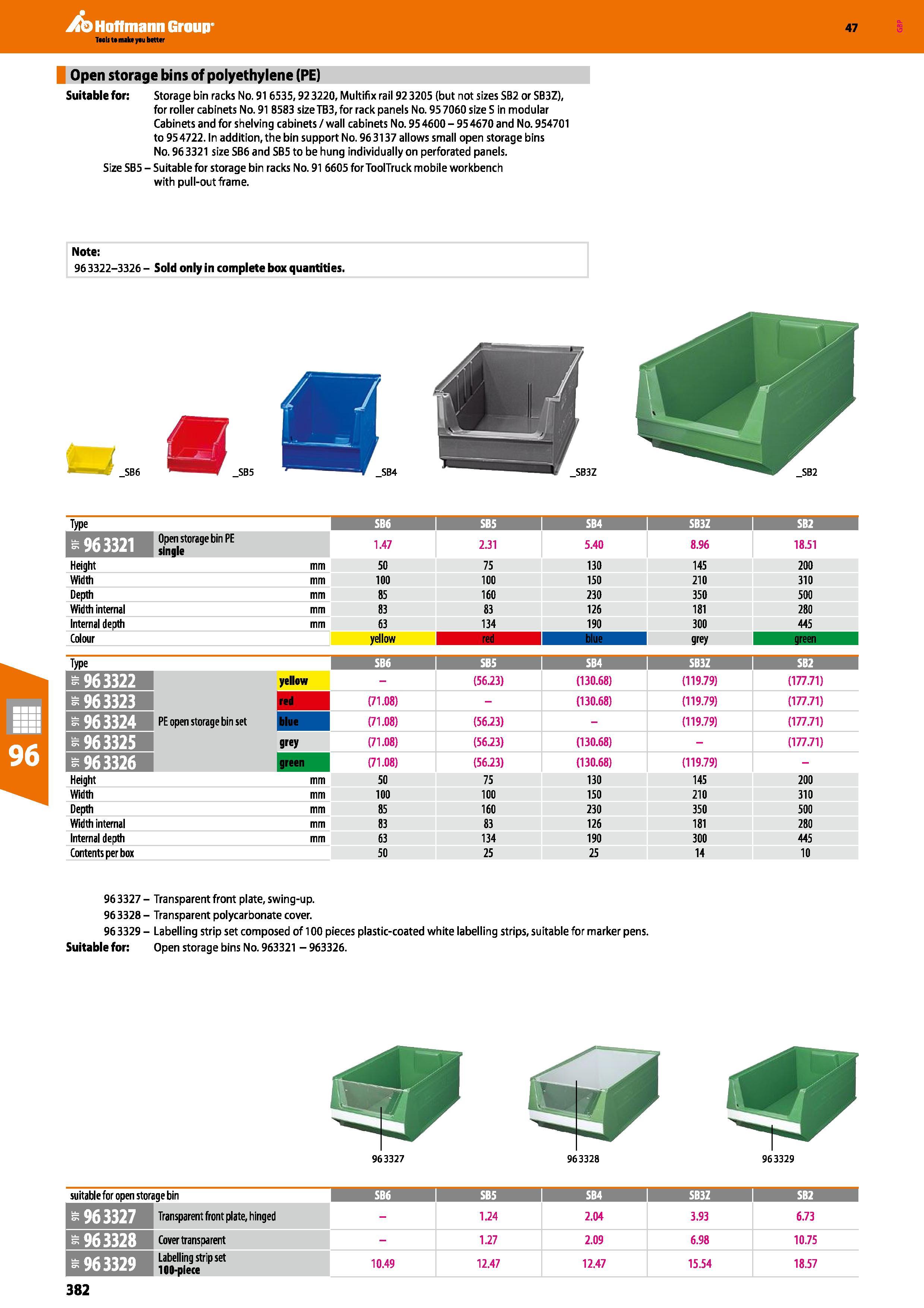 382 Hoffmann Group 47 Open storage bins of polyethylene (PE) Suitable for: Storage bin racks No 916535,92 3220, Multifix rail 92 3205 (but not sizes Каталог HOFFMANN GROUP 2016 Производственная мебель для работы хранения и транспортировки в условиях промышленных предприятий и сервисных мастерских Вер. 47 ENG Стр. 382