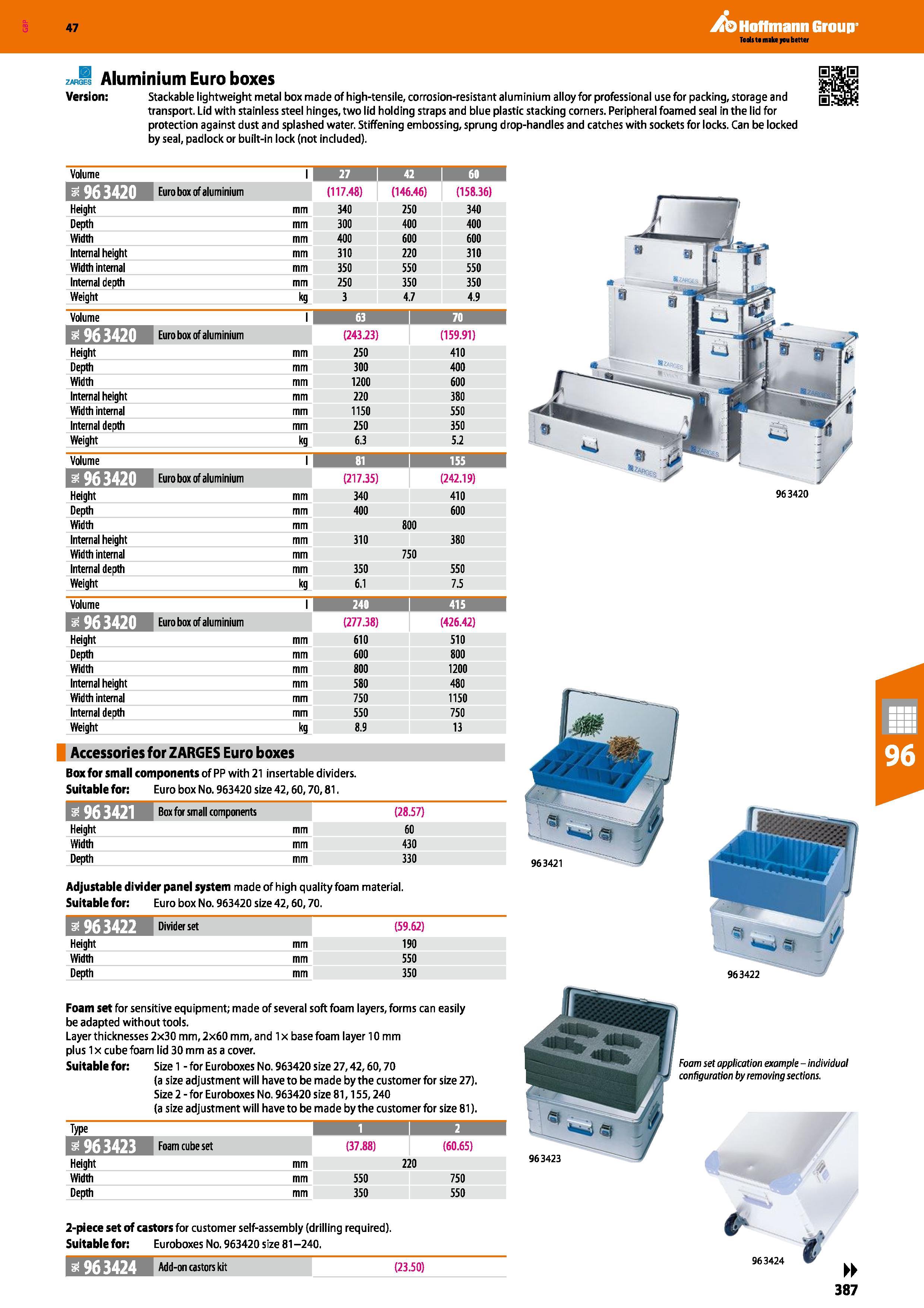 387 Hoffmann Group 47 ZAR S Aluminium Euro boxes Version: Stackable lightweight metal box made of high-tensile, corrosion-resistant aluminium alloy f Каталог HOFFMANN GROUP 2016 Производственная мебель для работы хранения и транспортировки в условиях промышленных предприятий и сервисных мастерских Вер. 47 ENG Стр. 387