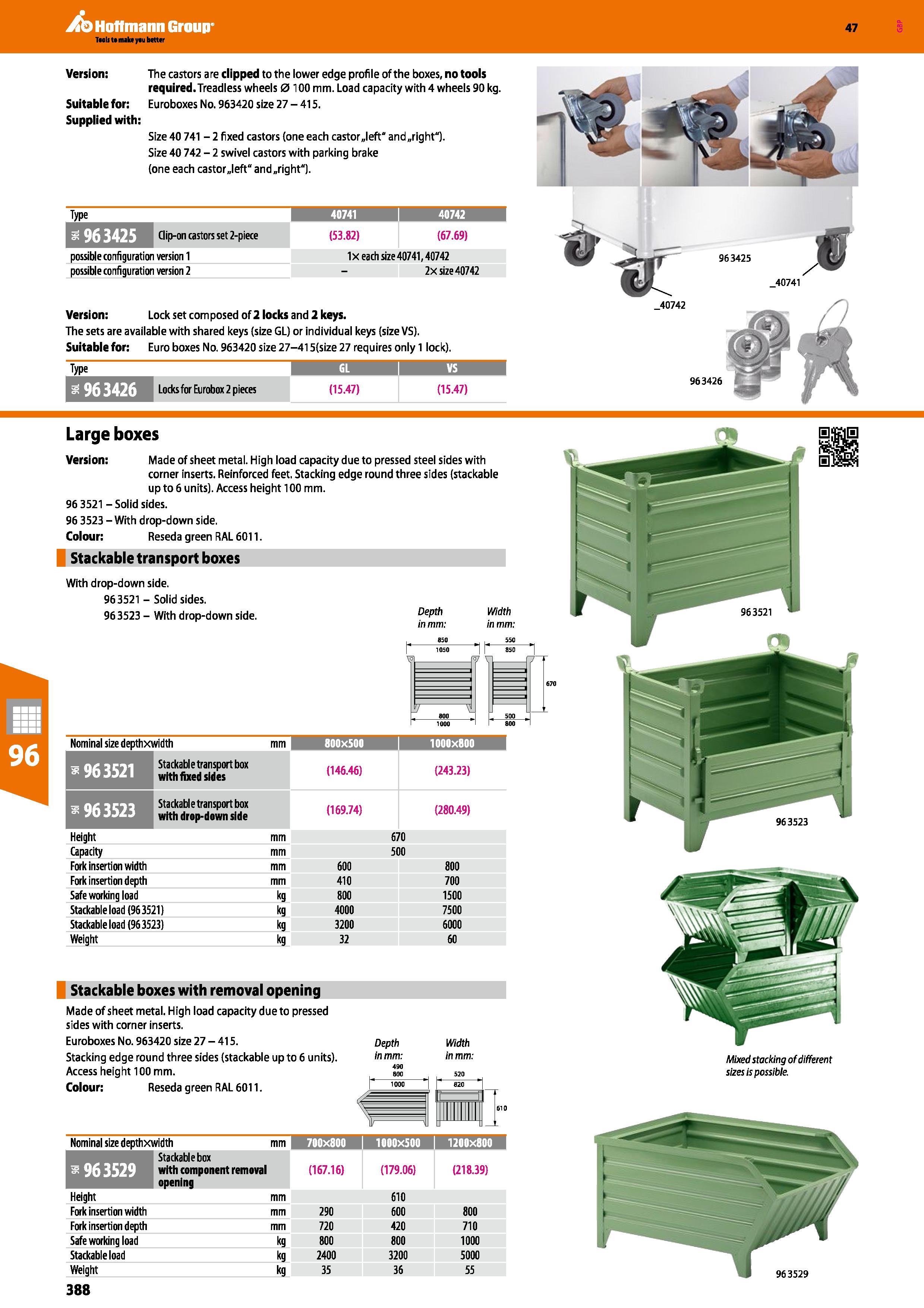 388 Hoffmann Group 47 Version: The castors are clipped to the lower edge profile of the boxes, no tools required Treadless wheels 0100 mm Load capaci Каталог HOFFMANN GROUP 2016 Производственная мебель для работы хранения и транспортировки в условиях промышленных предприятий и сервисных мастерских Вер. 47 ENG Стр. 388