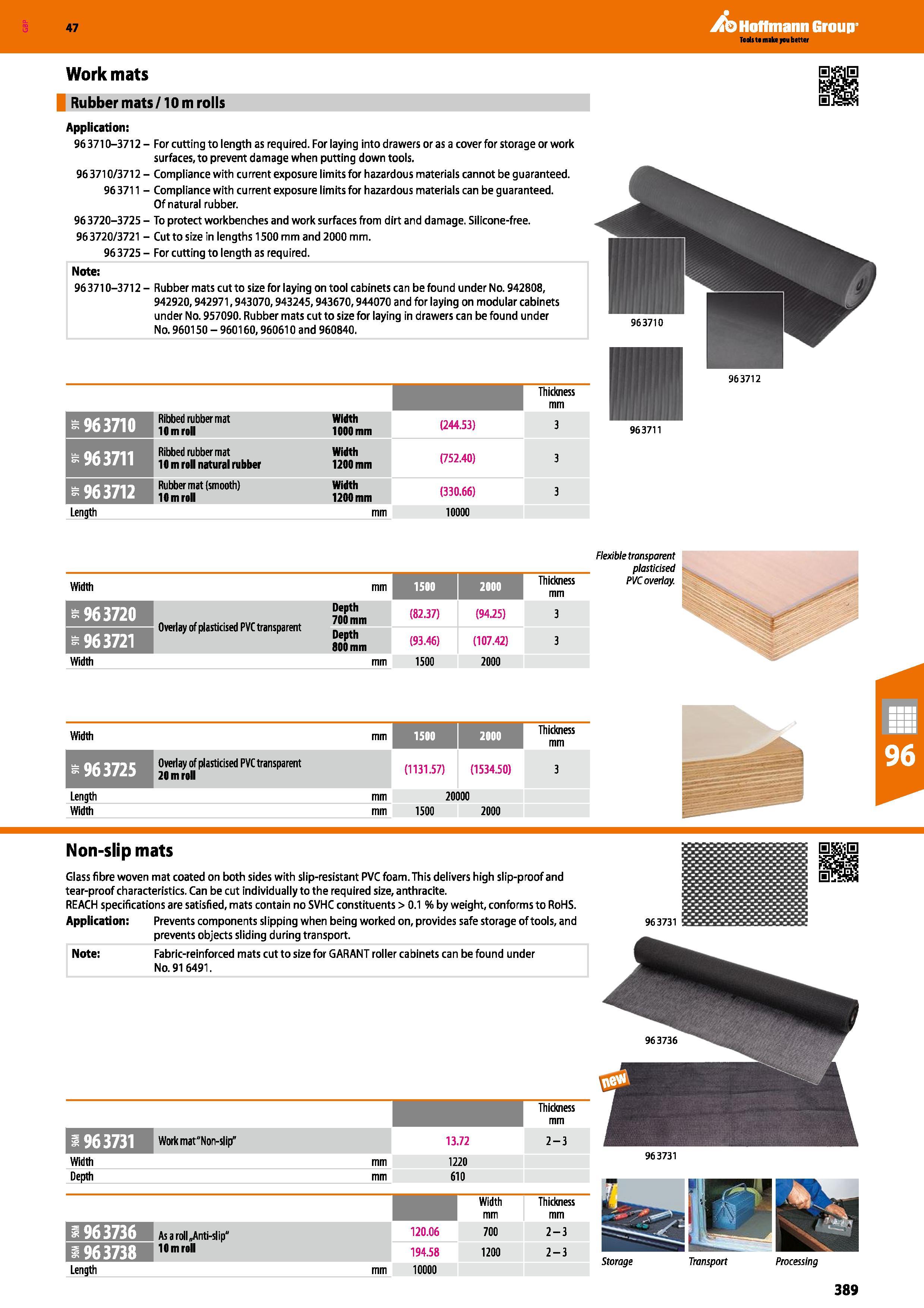 389 Hoffmann Group 47 Work mats Rubber mats/10 m rolls Application: 963710-3712 - 963710/3712-963711 - 963720-3725-963720/3721 -963725- Note: 963710- Каталог HOFFMANN GROUP 2016 Производственная мебель для работы хранения и транспортировки в условиях промышленных предприятий и сервисных мастерских Вер. 47 ENG Стр. 389
