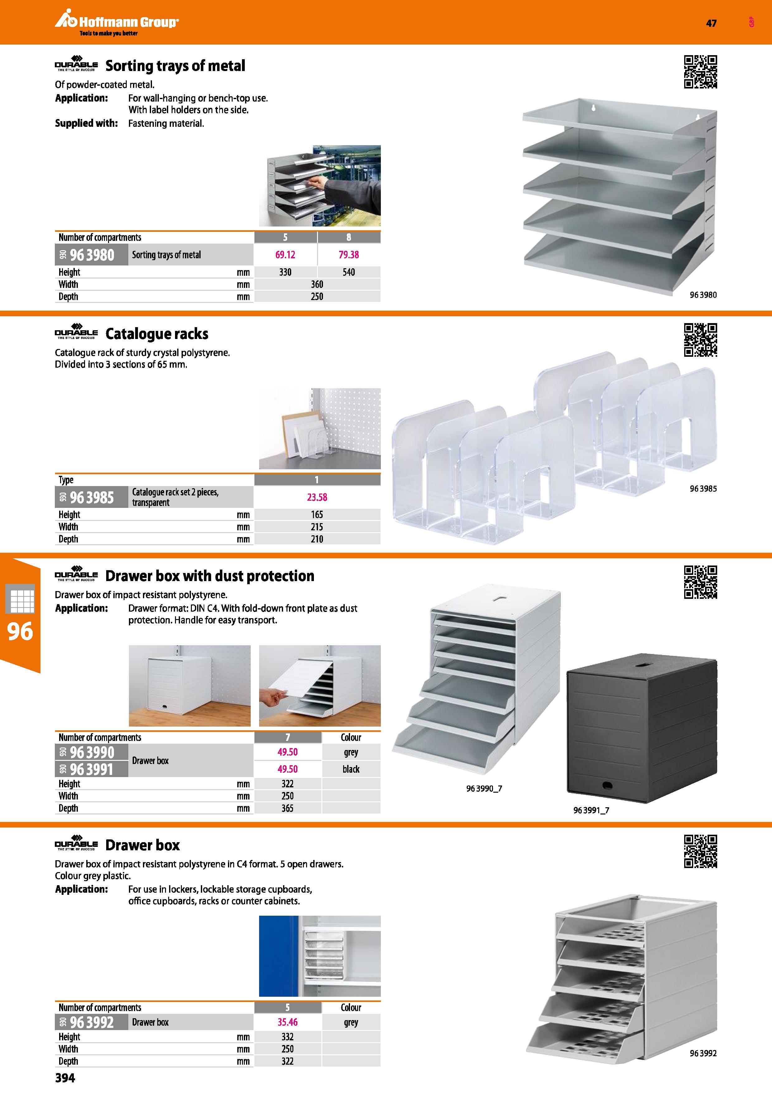 394 Hoffmann Group 47 Sorting trays of metal Of powder-coated metal Application: For wall-hanging or bench-top use With label holders on the side Sup Каталог HOFFMANN GROUP 2016 Производственная мебель для работы хранения и транспортировки в условиях промышленных предприятий и сервисных мастерских Вер. 47 ENG Стр. 394