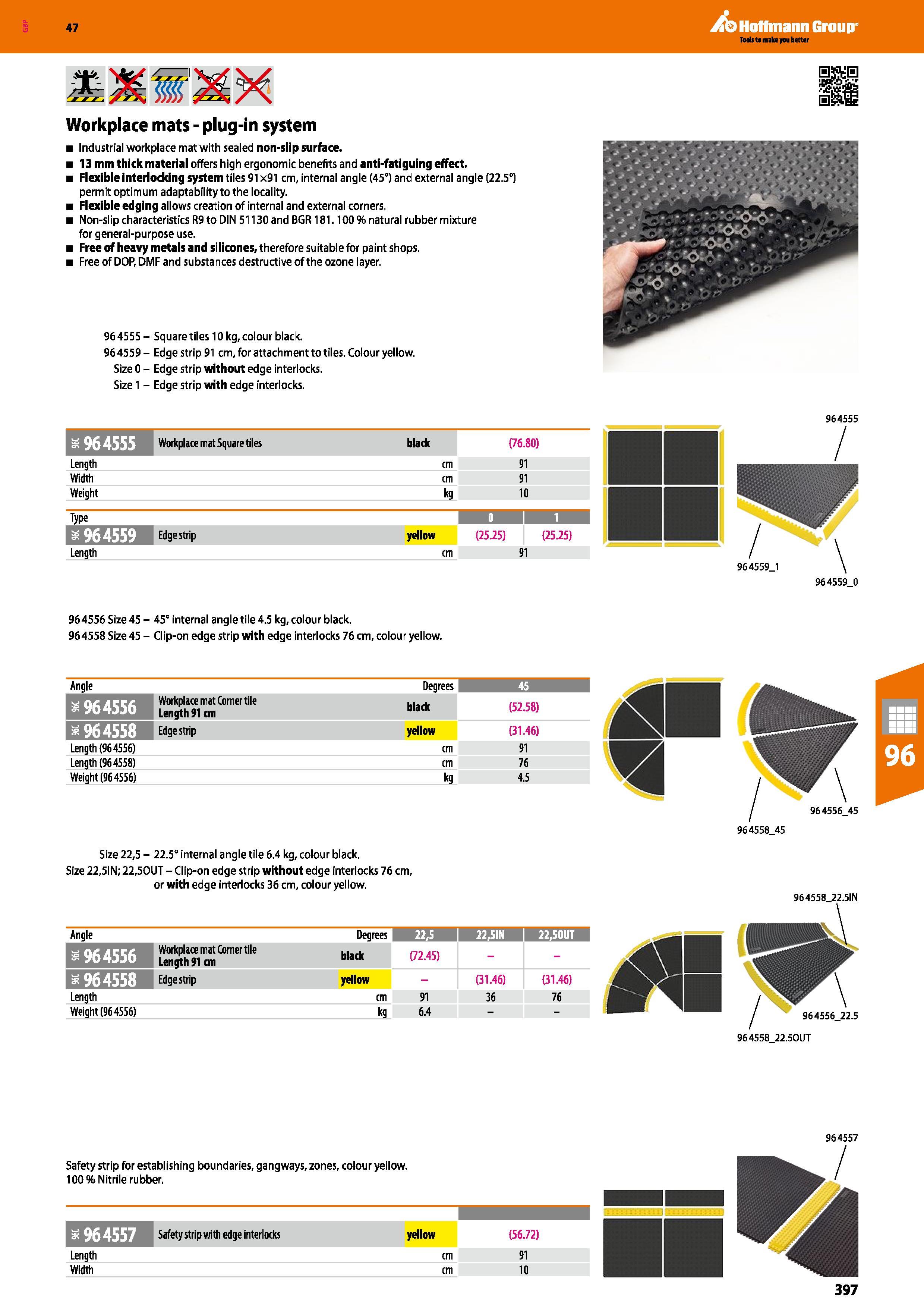397 Hoffmann Group 47 Workplace mats - plug-in system Industrial workplace mat with sealed non-slip surface 13 mm thick material offers high ergonomi Каталог HOFFMANN GROUP 2016 Производственная мебель для работы хранения и транспортировки в условиях промышленных предприятий и сервисных мастерских Вер. 47 ENG Стр. 397