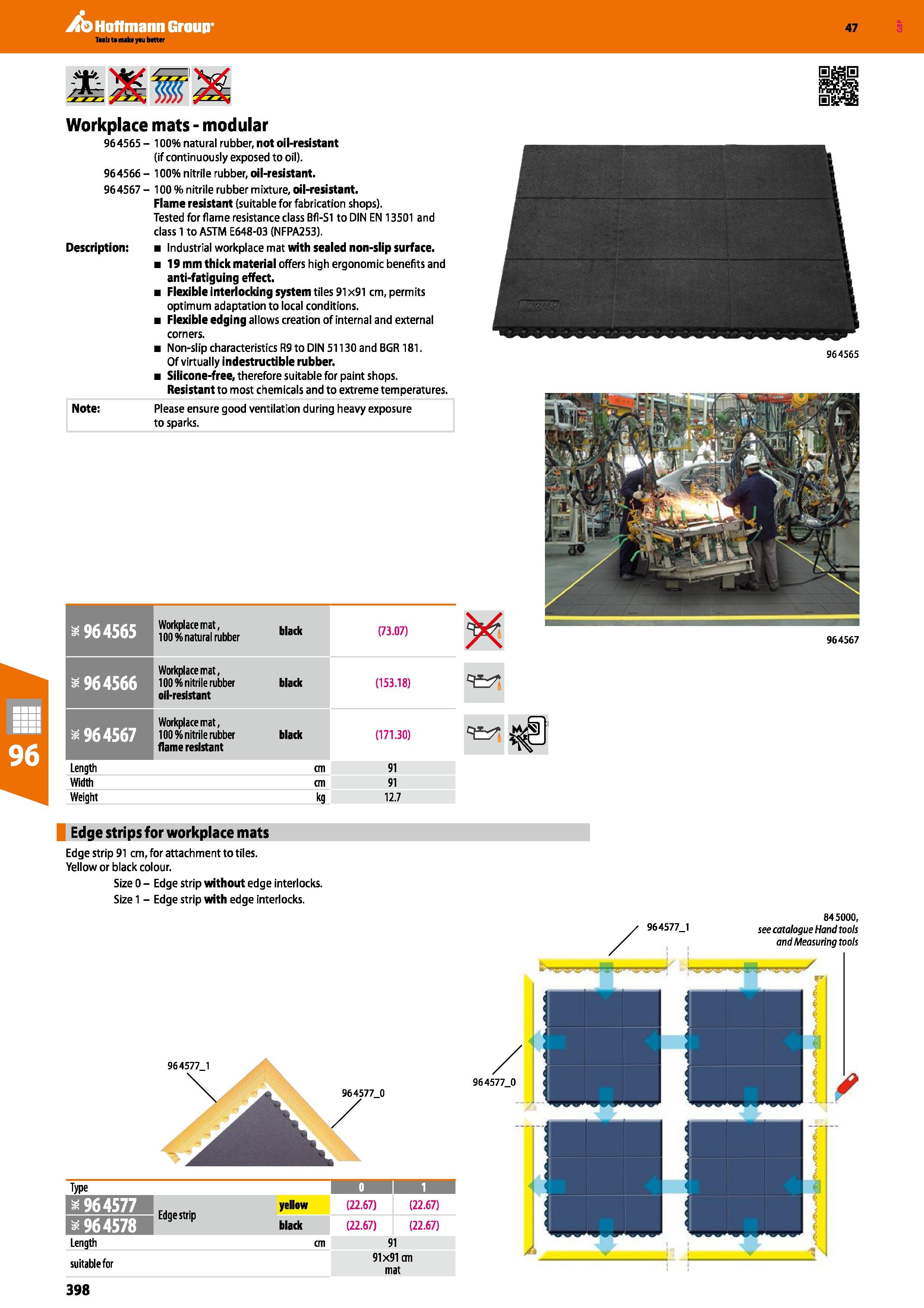 398 Hoffmann Group 47 Workplace mats - modular 964565 - 100% natural rubber, not oil-resistant (if continuously exposed to oil) 964566 - 100% nitrile Каталог HOFFMANN GROUP 2016 Производственная мебель для работы хранения и транспортировки в условиях промышленных предприятий и сервисных мастерских Вер. 47 ENG Стр. 398
