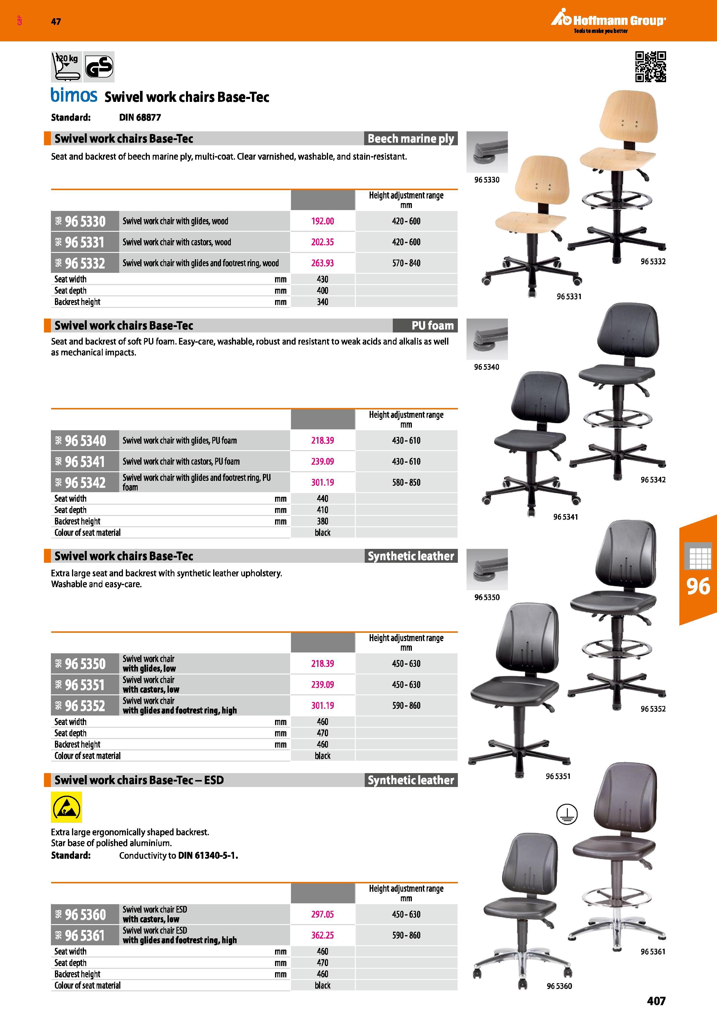 407 Hoffmann Group 47 m bimOS Swivel work chairs Base-Tec Standard: DIN 68877 Swivel work chairs Base-Tec Seat and backrest of beech marine ply, mult Каталог HOFFMANN GROUP 2016 Производственная мебель для работы хранения и транспортировки в условиях промышленных предприятий и сервисных мастерских Вер. 47 ENG Стр. 407