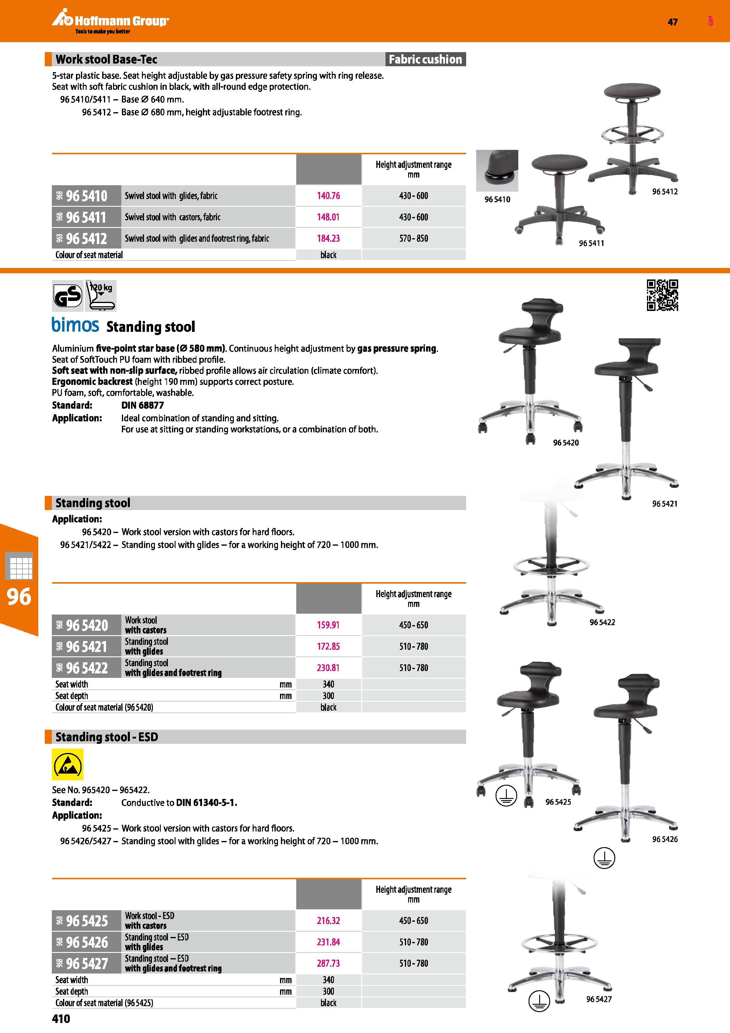 410 5-star plastic base Seat height adjustable by gas pressure safety spring with ring release Seat with soft fabric cushion in black, with all-round Каталог HOFFMANN GROUP 2016 Производственная мебель для работы хранения и транспортировки в условиях промышленных предприятий и сервисных мастерских Вер. 47 ENG Стр. 410