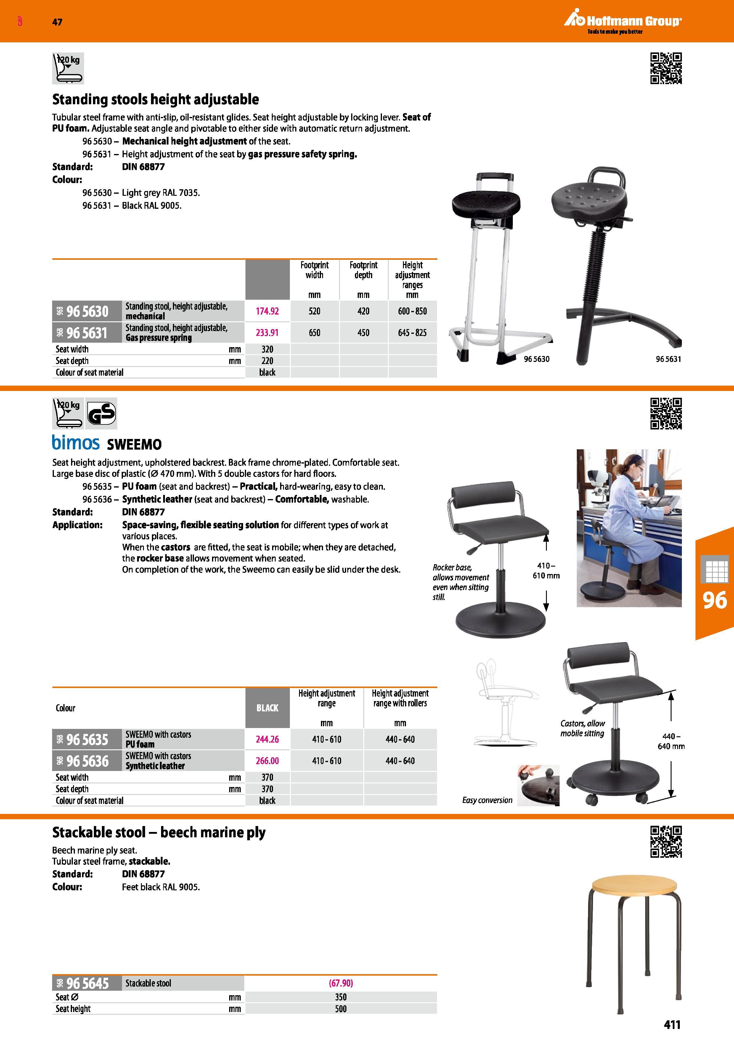 411 Standing stools height adjustable Tubular steel frame with anti-slip, oil-resistant glides Seat height adjustable by locking lever Seat of PU foa Каталог HOFFMANN GROUP 2016 Производственная мебель для работы хранения и транспортировки в условиях промышленных предприятий и сервисных мастерских Вер. 47 ENG Стр. 411