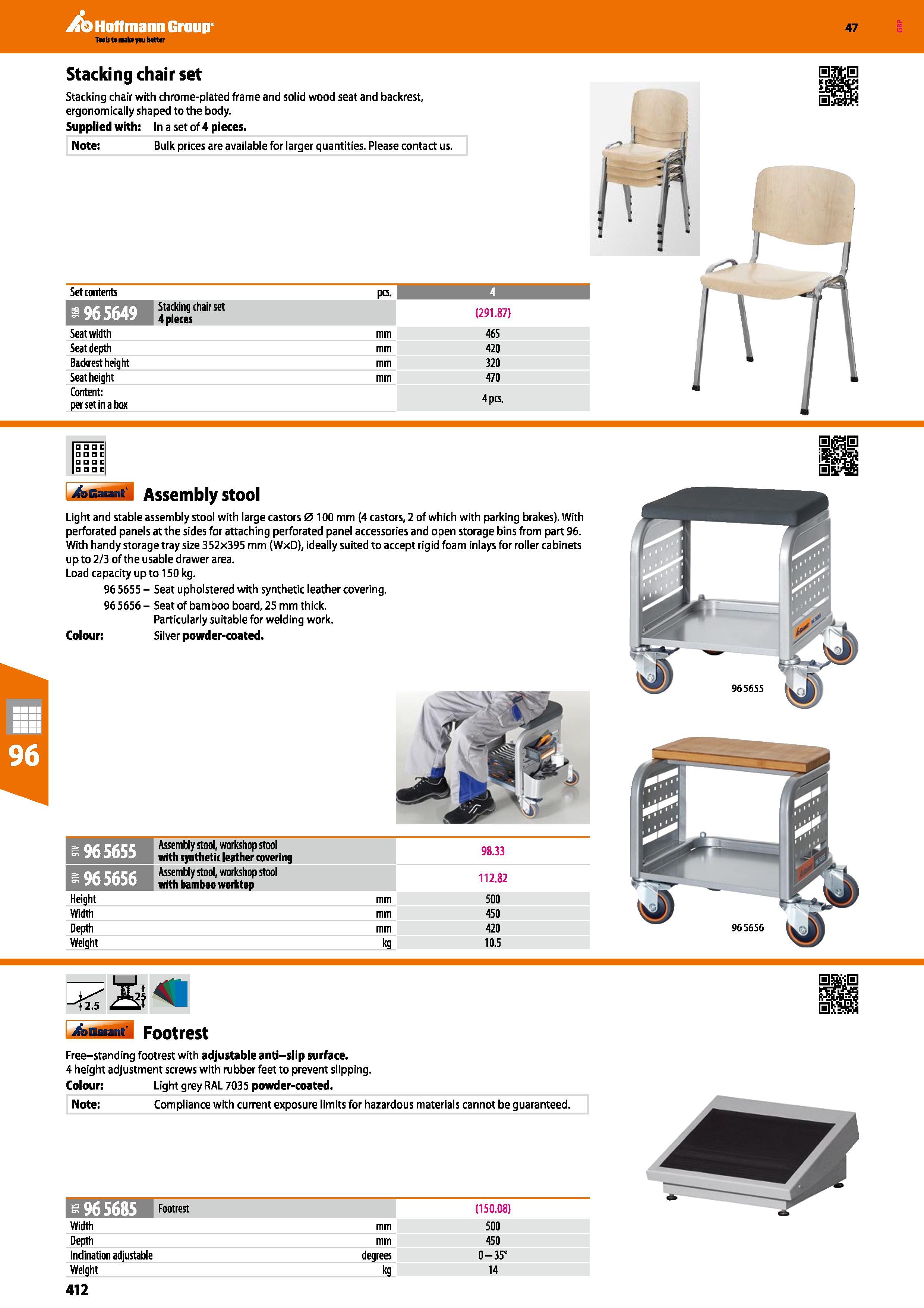 412 Hoffmann Group 47 Stacking chair set Stacking chair with chrome-plated frame and solid wood seat and backrest, ergonomically shaped to the body S Каталог HOFFMANN GROUP 2016 Производственная мебель для работы хранения и транспортировки в условиях промышленных предприятий и сервисных мастерских Вер. 47 ENG Стр. 412