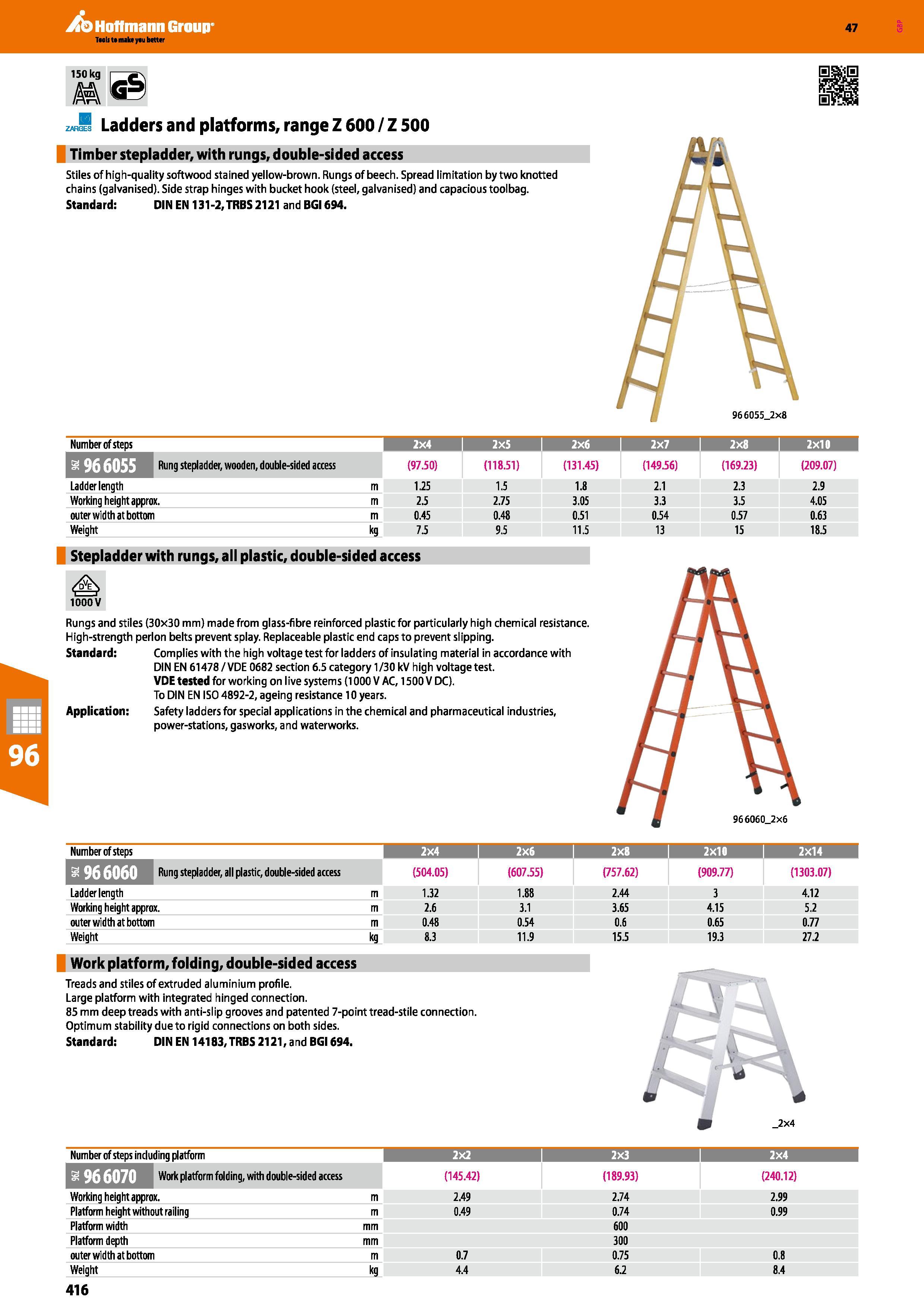 416 zarI Ladders and platforms, range Z 600 / Z 500 Timber stepladder, with rungs, double-sided access Stiles of high-quality softwood stained yellow Каталог HOFFMANN GROUP 2016 Производственная мебель для работы хранения и транспортировки в условиях промышленных предприятий и сервисных мастерских Вер. 47 ENG Стр. 416
