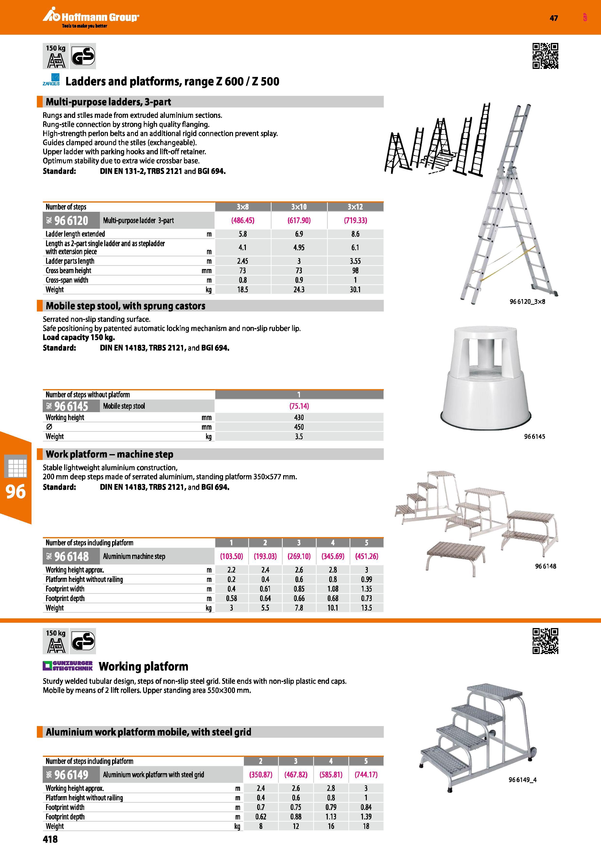 418 Hoffmann Group 47 150 kg zarI Ladders and platforms, range Z 600 / Z 500 Multi-purpose ladders, 3-part Rungs and stiles made from extruded alumin Каталог HOFFMANN GROUP 2016 Производственная мебель для работы хранения и транспортировки в условиях промышленных предприятий и сервисных мастерских Вер. 47 ENG Стр. 418