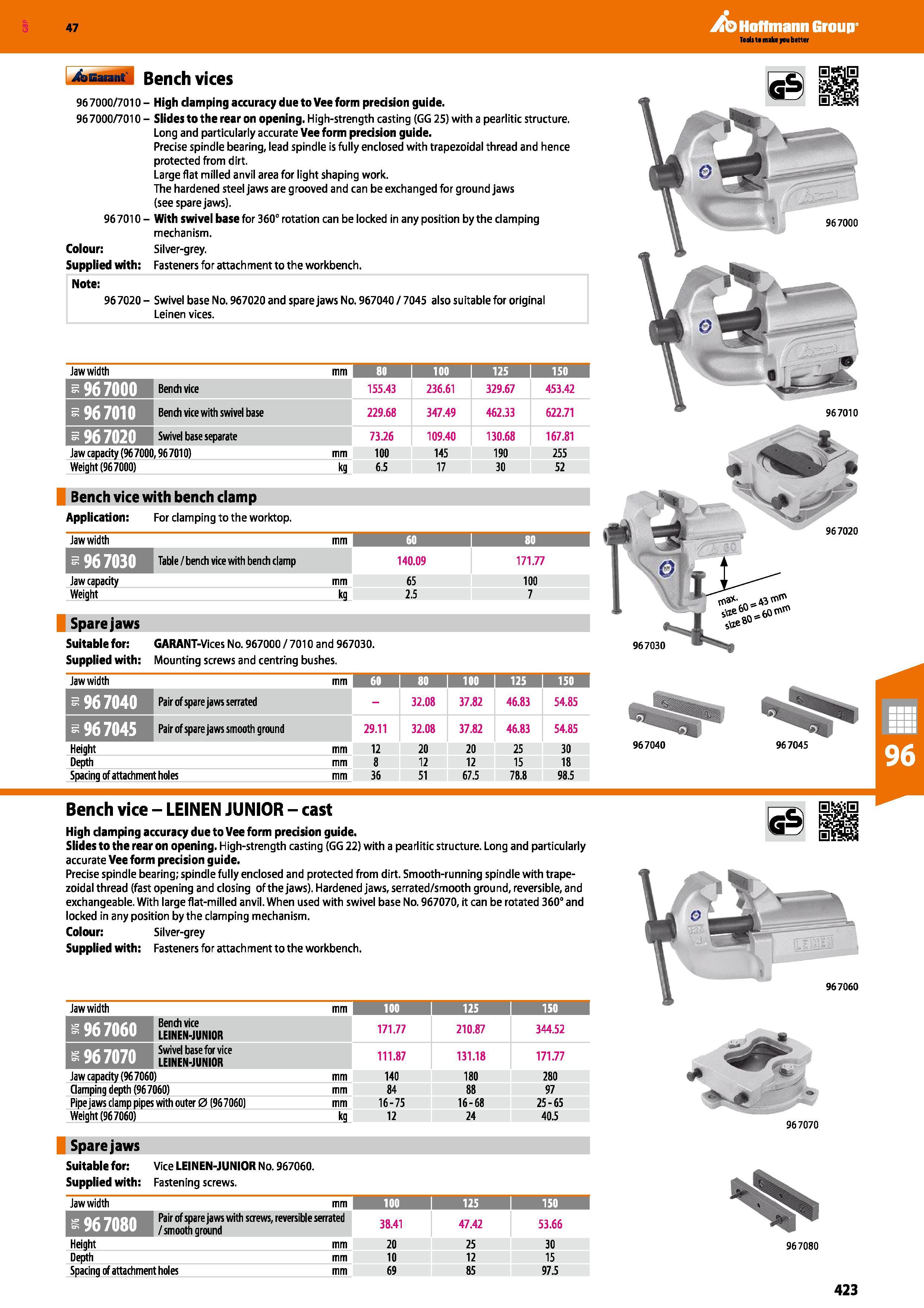 423 Hoffmann Group 47 Bench vices 96 7000/7010 - High damping accuracy due to Vee form precision guide 96 7000/7010 - Slides to the rear on opening H Каталог HOFFMANN GROUP 2016 Производственная мебель для работы хранения и транспортировки в условиях промышленных предприятий и сервисных мастерских Вер. 47 ENG Стр. 423