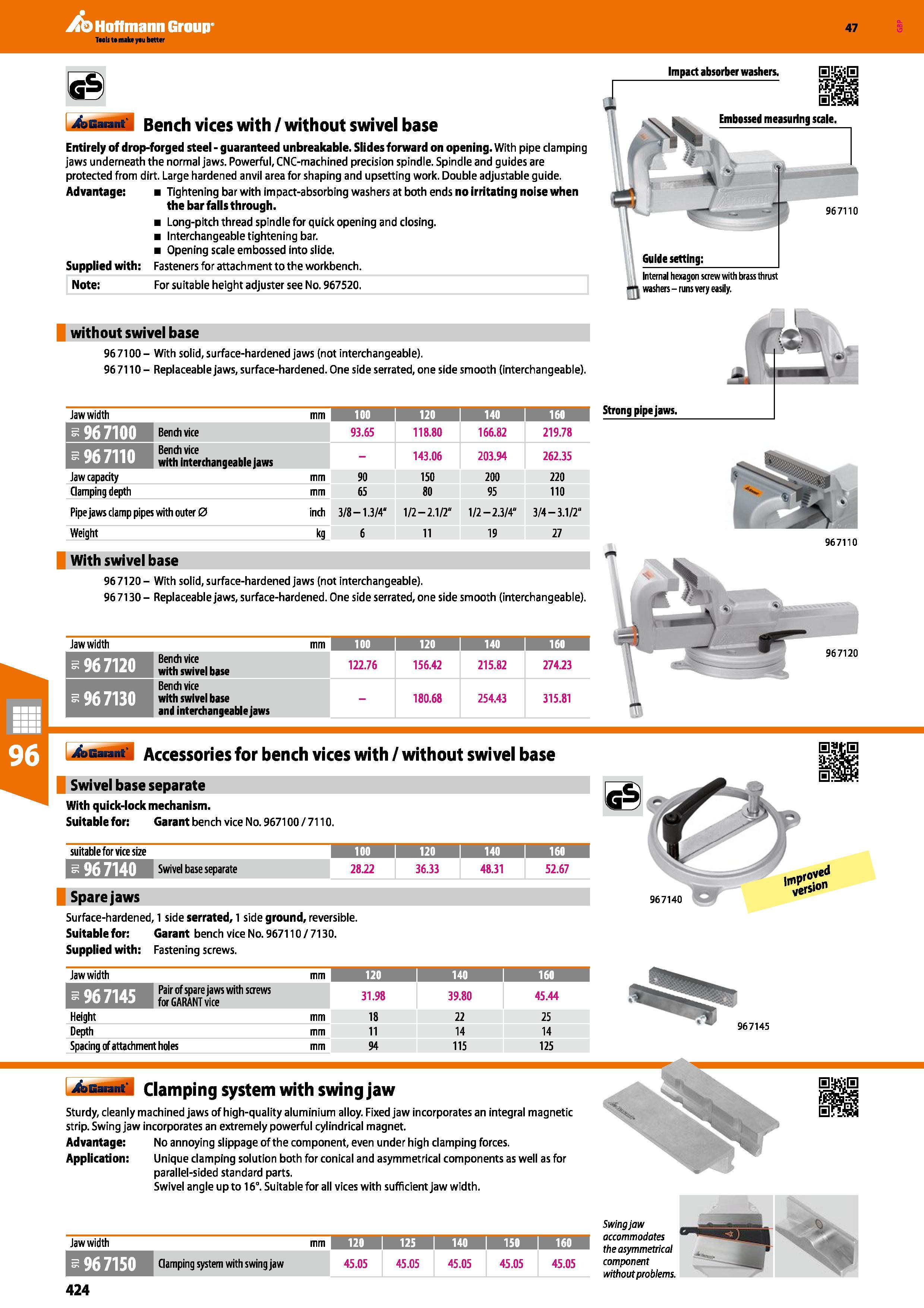 424 Hoffmann Group 47 Impact absorber washers 4asat M Bench vices with / without swivel base Entirely of drop-forged steel - guaranteed unbreakable S Каталог HOFFMANN GROUP 2016 Производственная мебель для работы хранения и транспортировки в условиях промышленных предприятий и сервисных мастерских Вер. 47 ENG Стр. 424