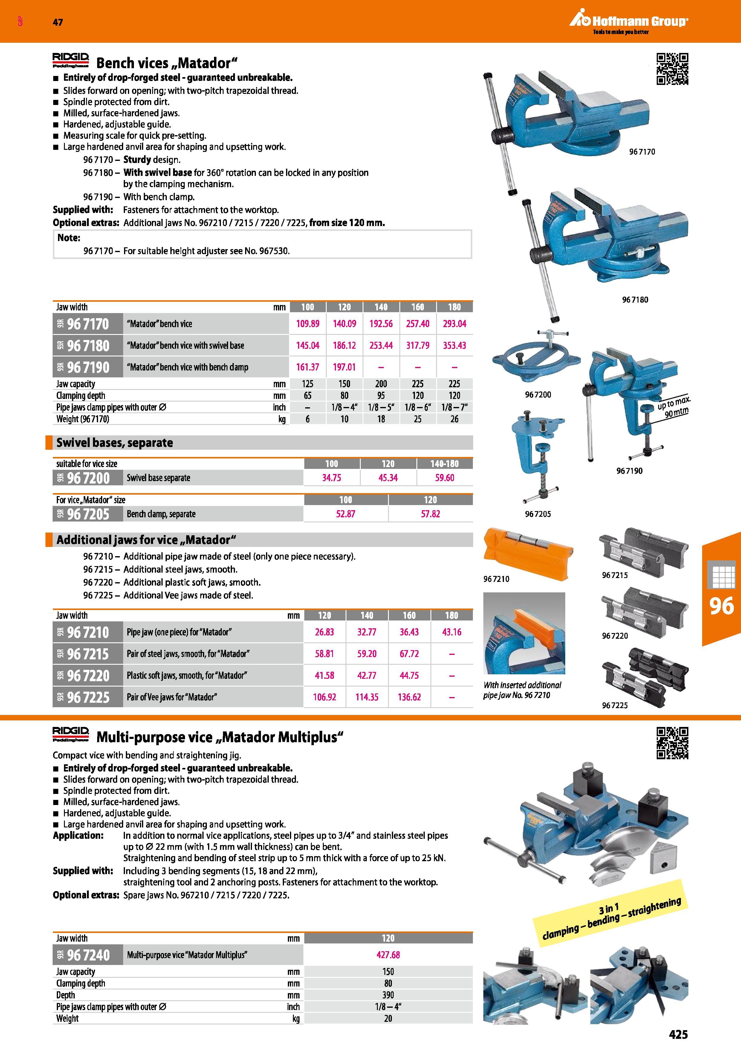 425 Hoffmann Group 47 RIDGID Bench vices „Matador'‘ Entirely of drop-forged steel - guaranteed unbreakable Slides forward on opening; with two-pitch Каталог HOFFMANN GROUP 2016 Производственная мебель для работы хранения и транспортировки в условиях промышленных предприятий и сервисных мастерских Вер. 47 ENG Стр. 425