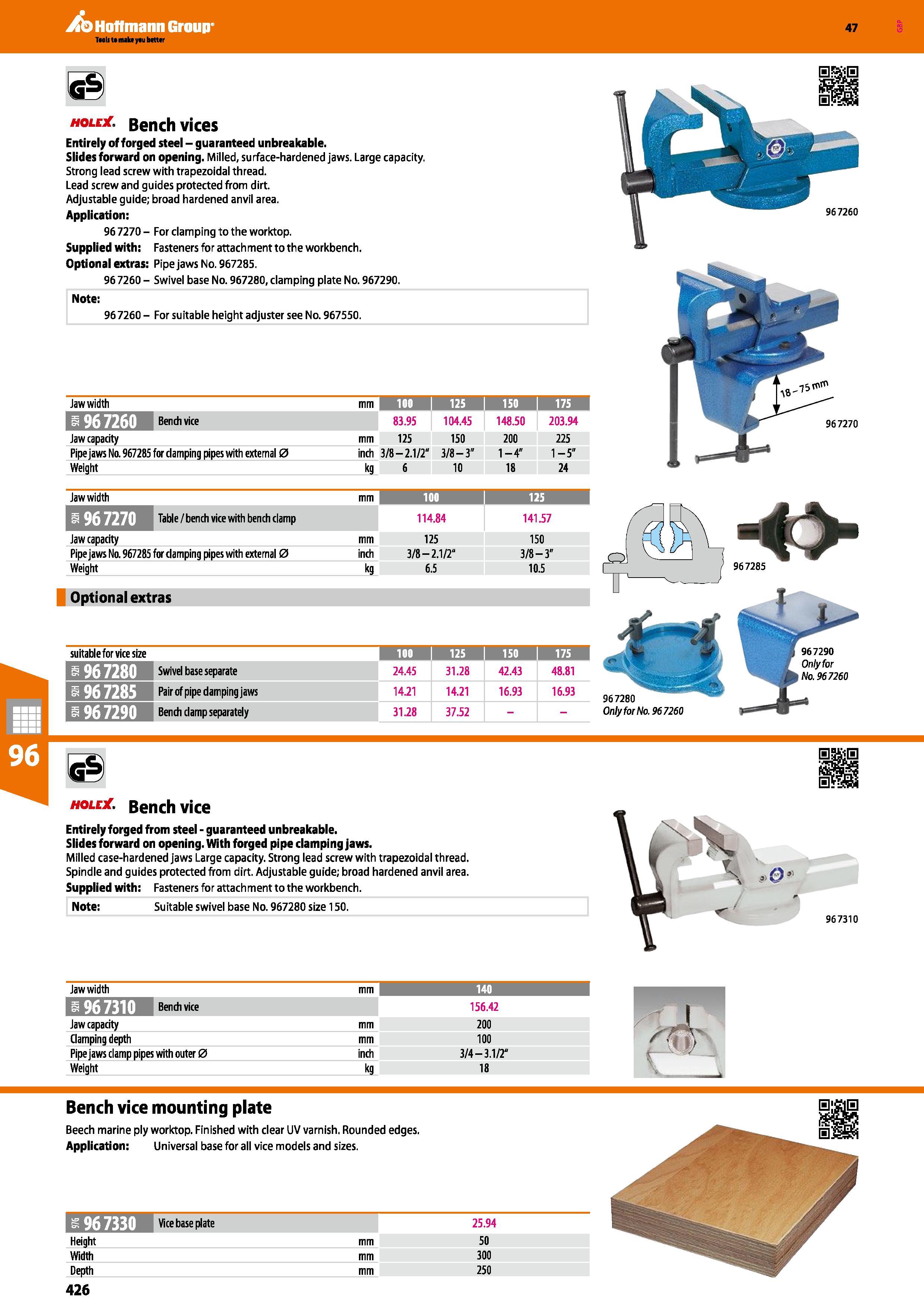 426 hole Bench vices Entirely of forged steel - guaranteed unbreakable Slides forward on opening Milled, surface-hardened jaws Large capacity Strong Каталог HOFFMANN GROUP 2016 Производственная мебель для работы хранения и транспортировки в условиях промышленных предприятий и сервисных мастерских Вер. 47 ENG Стр. 426