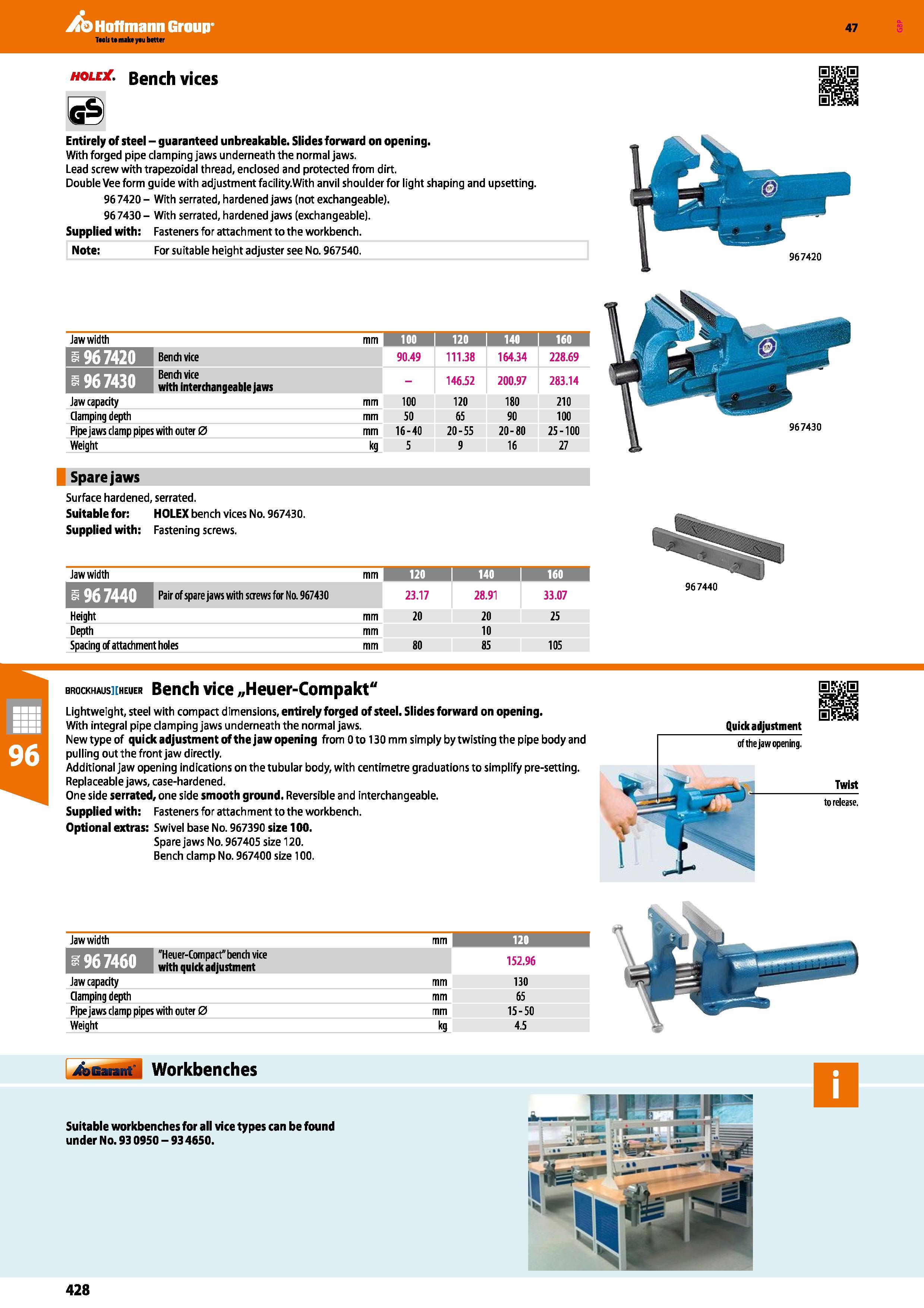 428 Hoffmann Group 47 hole Bench vices Entirely of steel - guaranteed unbreakable Slides forward on opening With forged pipe clamping jaws underneath Каталог HOFFMANN GROUP 2016 Производственная мебель для работы хранения и транспортировки в условиях промышленных предприятий и сервисных мастерских Вер. 47 ENG Стр. 428