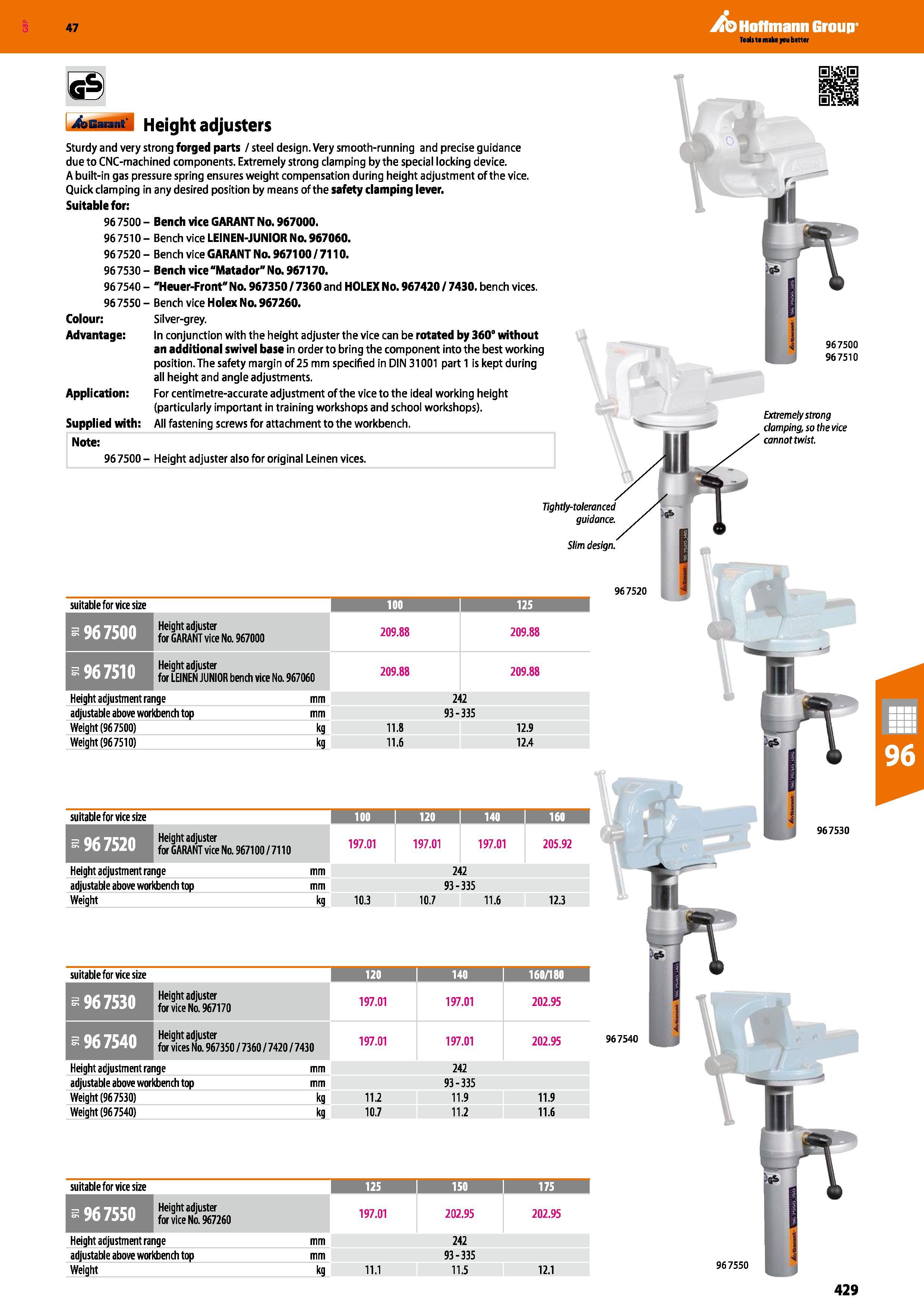429 Hoffmann Group 47 Garant Height adjusters Sturdy and very strong forged parts / steel design Very smooth-running and precise guidance due to CNC- Каталог HOFFMANN GROUP 2016 Производственная мебель для работы хранения и транспортировки в условиях промышленных предприятий и сервисных мастерских Вер. 47 ENG Стр. 429