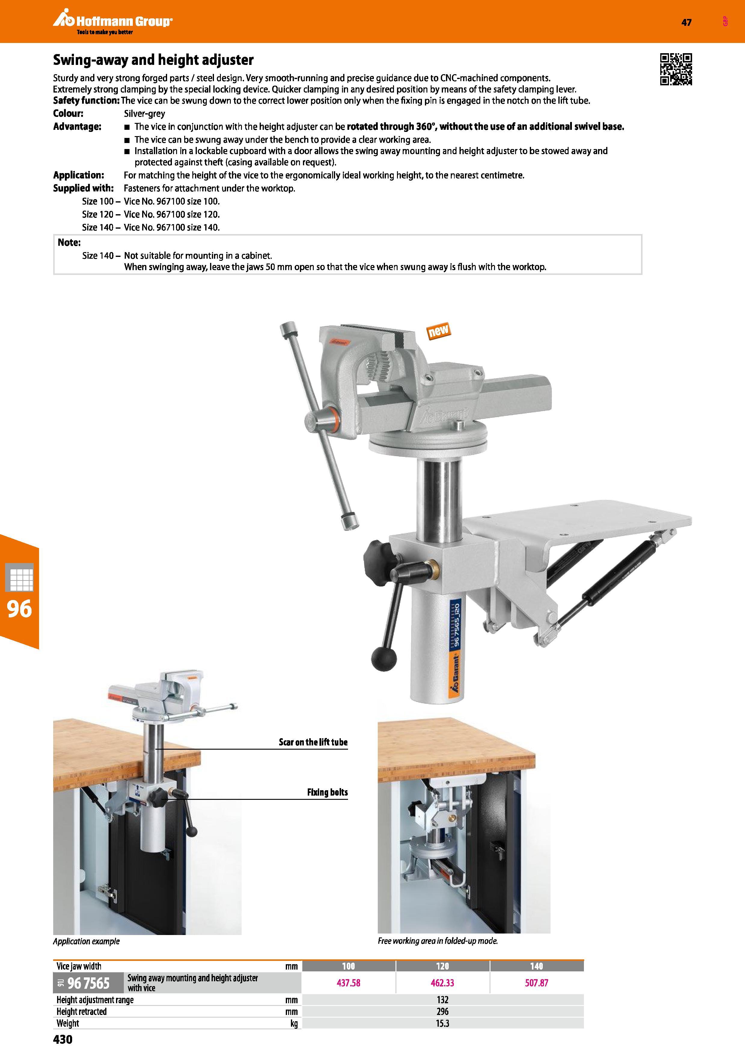 430 Hoffmann Group 47 Swing-away and height adjuster Sturdy and very strong forged parts / steel design Very smooth-running and precise guidance due Каталог HOFFMANN GROUP 2016 Производственная мебель для работы хранения и транспортировки в условиях промышленных предприятий и сервисных мастерских Вер. 47 ENG Стр. 430