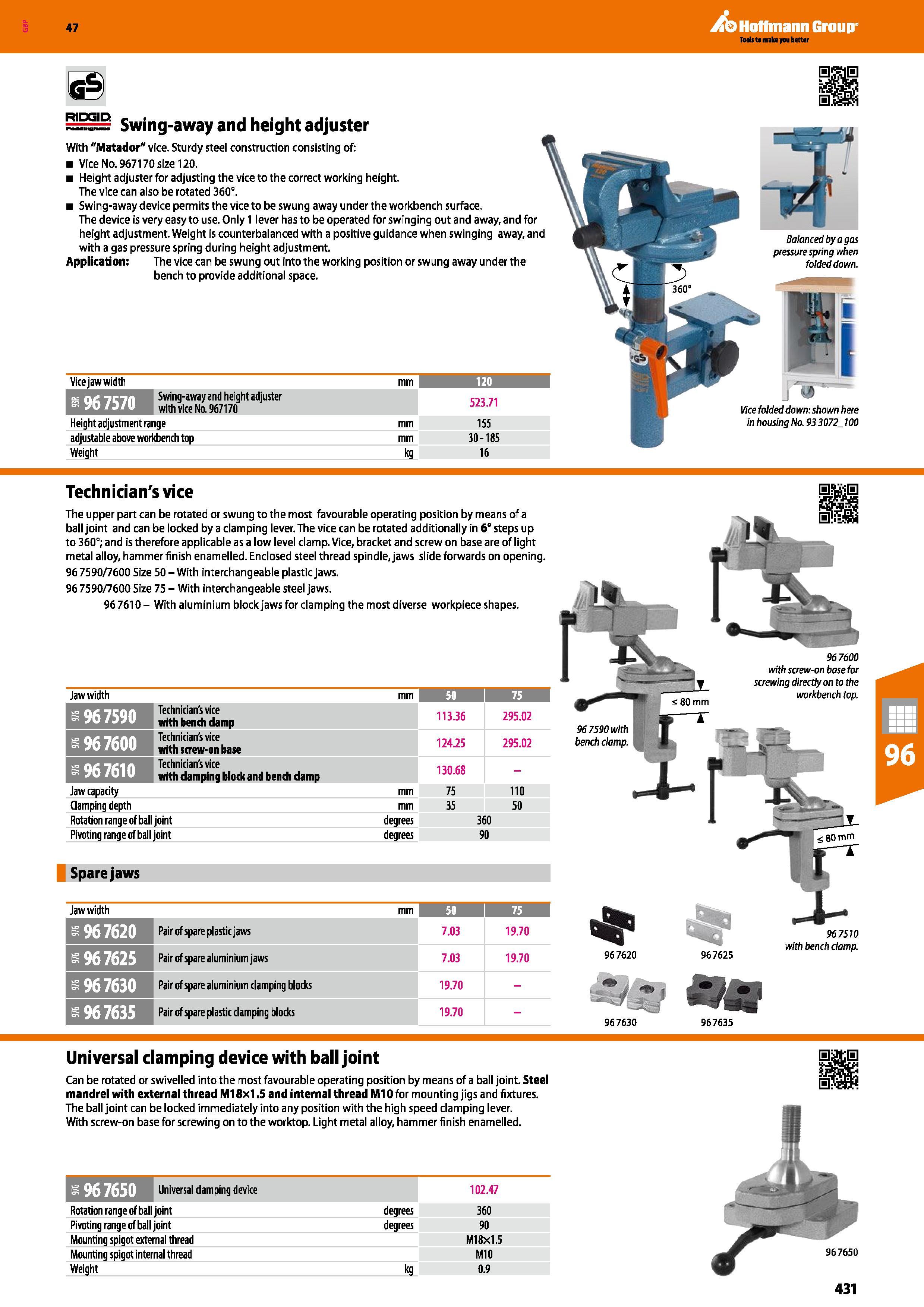 431 Hoffmann Group 47 Vice jaw width mm 120 Swing-away and height adjuster with vice No 967170 523 71 Height adjustment range mm 155 adjustable above Каталог HOFFMANN GROUP 2016 Производственная мебель для работы хранения и транспортировки в условиях промышленных предприятий и сервисных мастерских Вер. 47 ENG Стр. 431