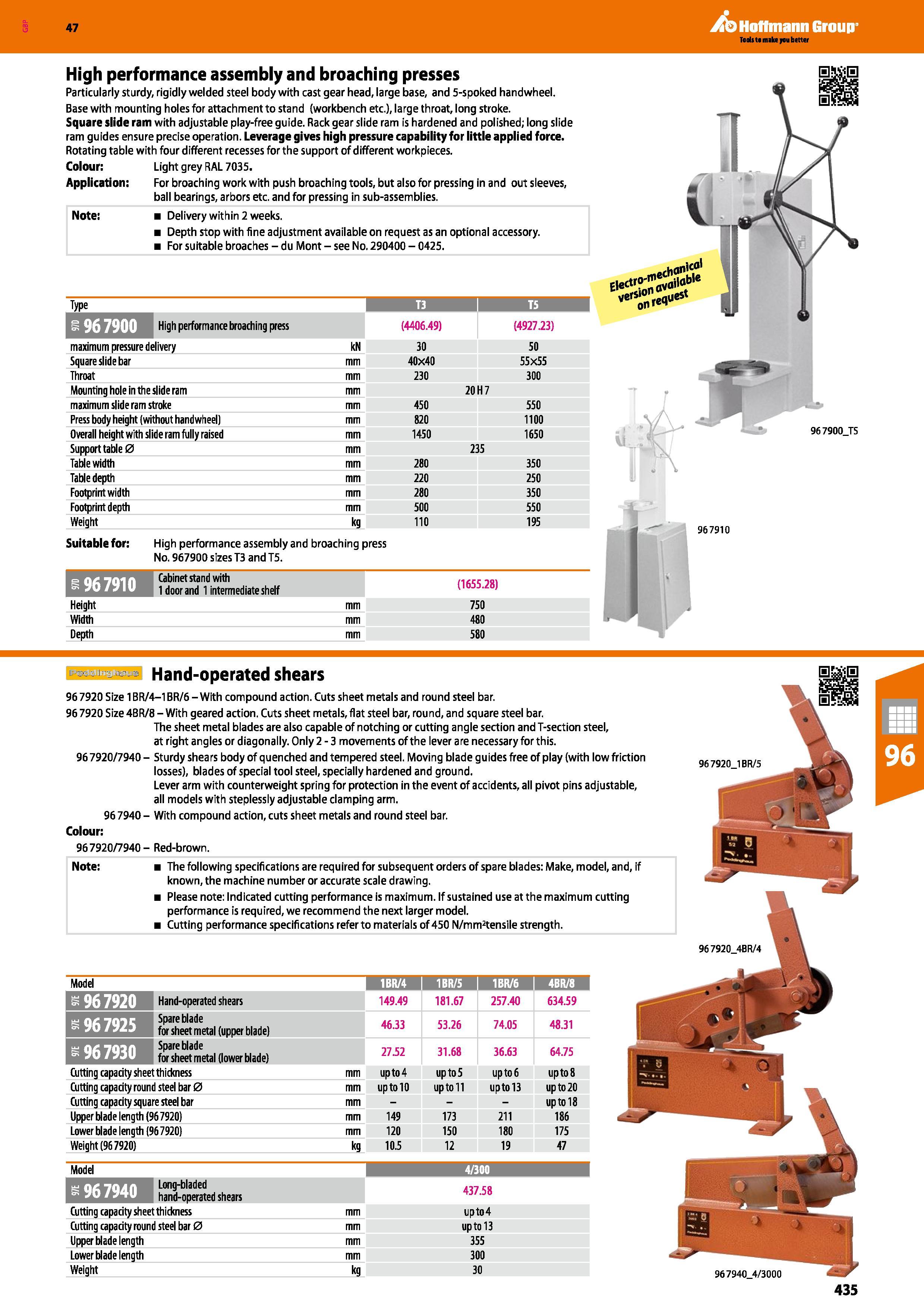 435 Hoffmann Group 47 High performance assembly and broaching presses Particularly sturdy, rigidly welded steel body with cast gear head, large base, Каталог HOFFMANN GROUP 2016 Производственная мебель для работы хранения и транспортировки в условиях промышленных предприятий и сервисных мастерских Вер. 47 ENG Стр. 435