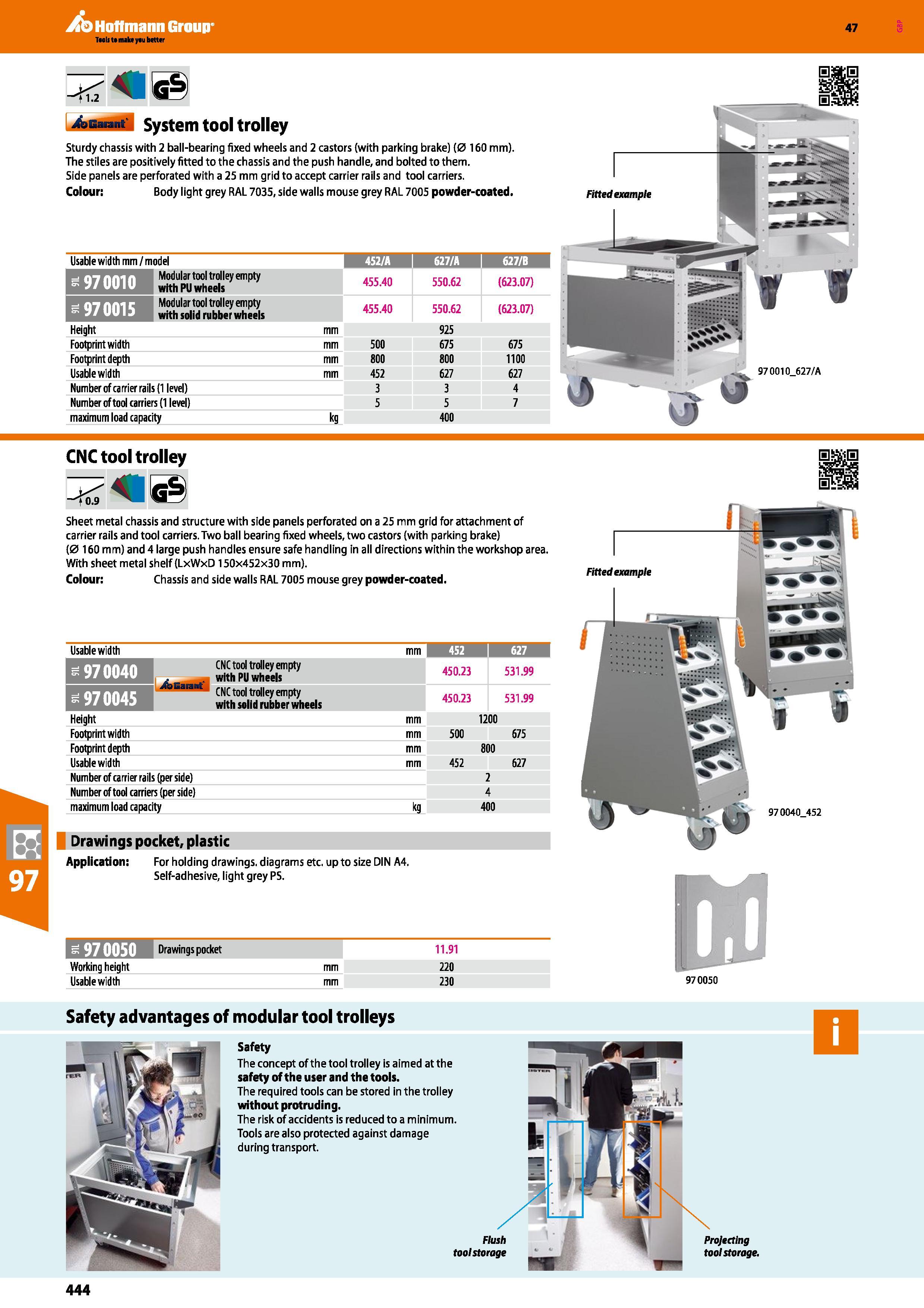 444 Hoffmann Group 47 <1 2 Garant System tool trolley Sturdy chassis with 2 ball-bearing fixed wheels and 2 castors (with parking brake) (0 160 mm) T Каталог HOFFMANN GROUP 2016 Производственная мебель для работы хранения и транспортировки в условиях промышленных предприятий и сервисных мастерских Вер. 47 ENG Стр. 444