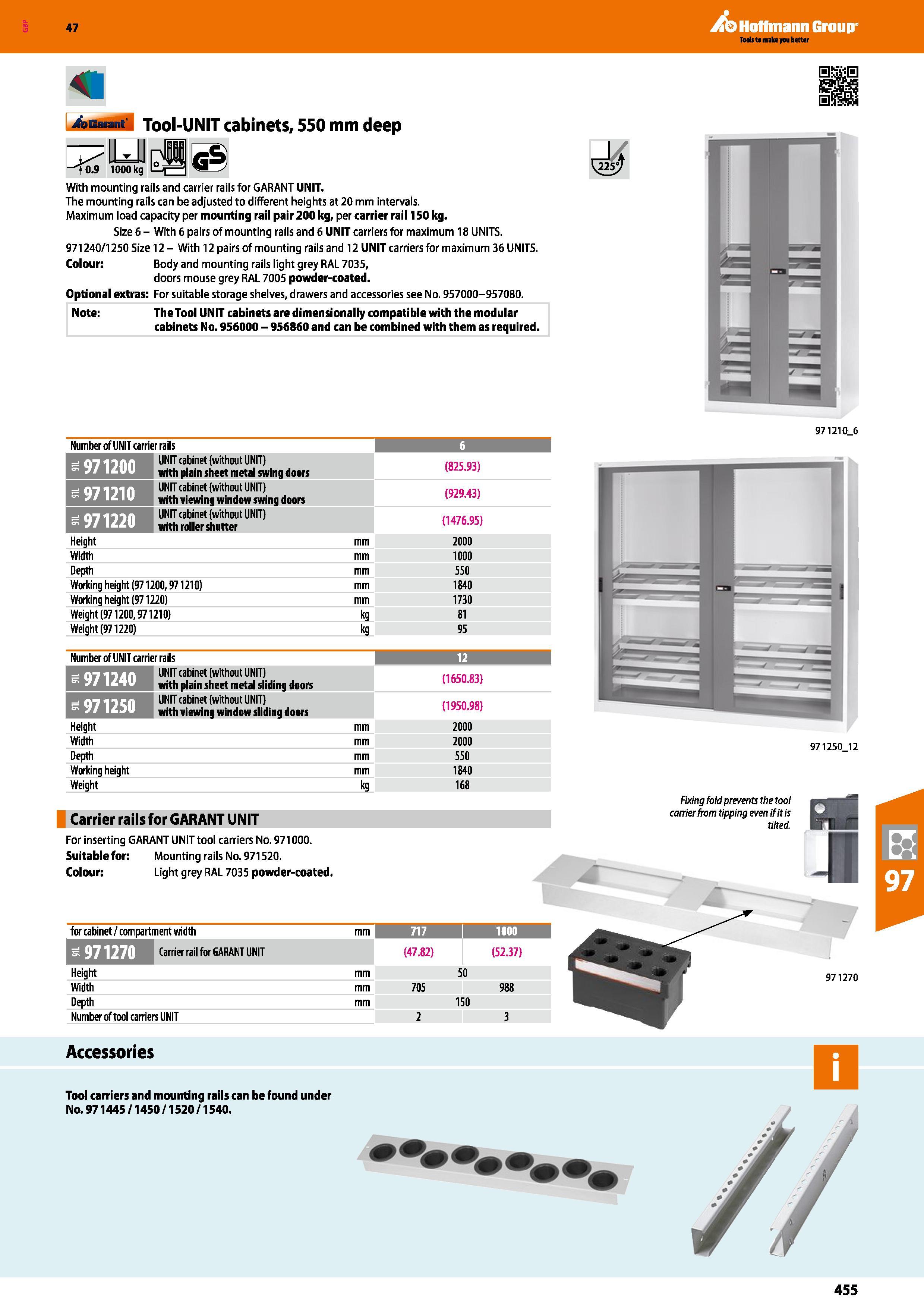 455 Hoffmann Group 47 41 Garant Tool-UNIT cabinets, 550 mm deep With mounting rails and carrier rails for GARAIMT UNIT The mounting rails can be adju Каталог HOFFMANN GROUP 2016 Производственная мебель для работы хранения и транспортировки в условиях промышленных предприятий и сервисных мастерских Вер. 47 ENG Стр. 455