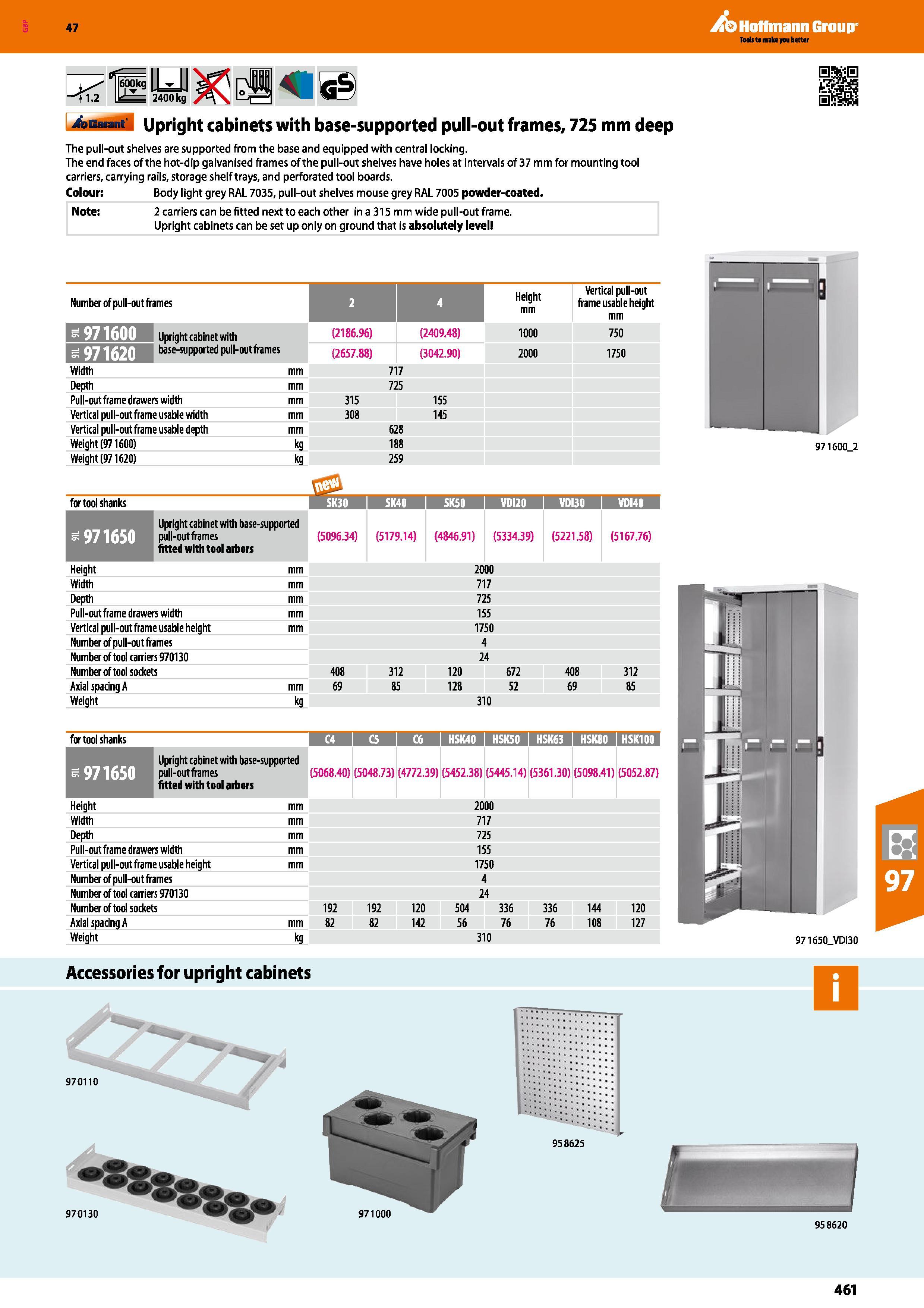 461 Hoffmann Group 47 &Gannt Upright cabinets with base-supported pull-out frames, 725 mm deep The pull-out shelves are supported from the base and e Каталог HOFFMANN GROUP 2016 Производственная мебель для работы хранения и транспортировки в условиях промышленных предприятий и сервисных мастерских Вер. 47 ENG Стр. 461