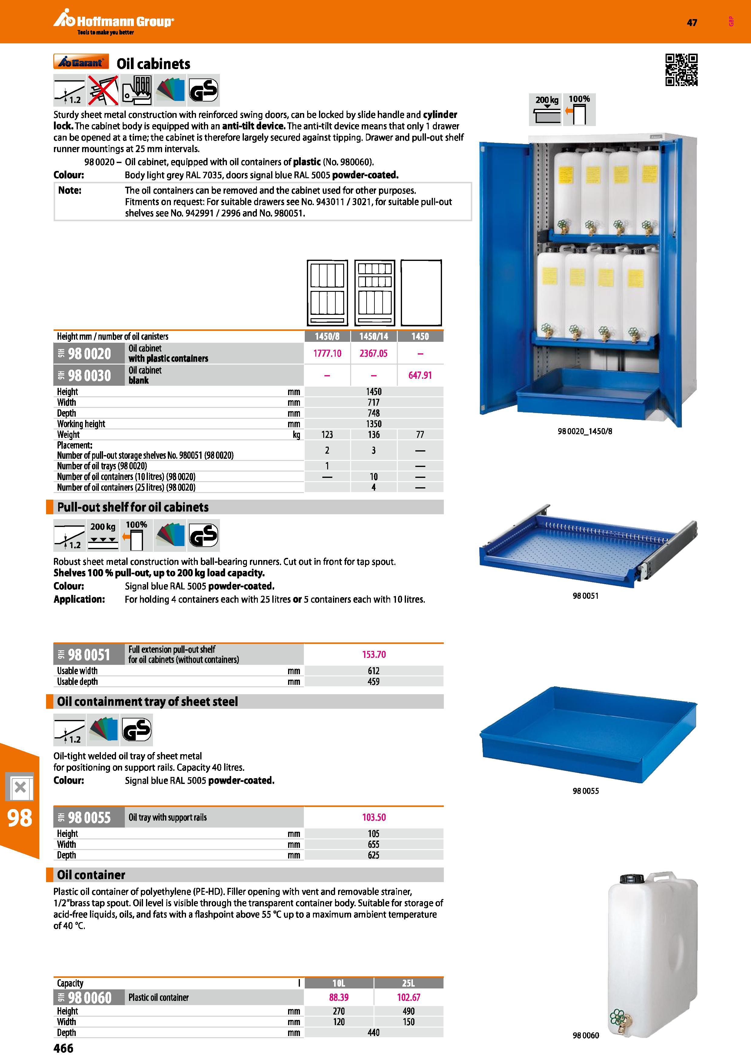466 Hoffmann Group 47 Oil cabinets 41 Sturdy sheet metal construction with reinforced swing doors, can be locked by slide handle and cylinder lock Th Каталог HOFFMANN GROUP 2016 Производственная мебель для работы хранения и транспортировки в условиях промышленных предприятий и сервисных мастерских Вер. 47 ENG Стр. 466