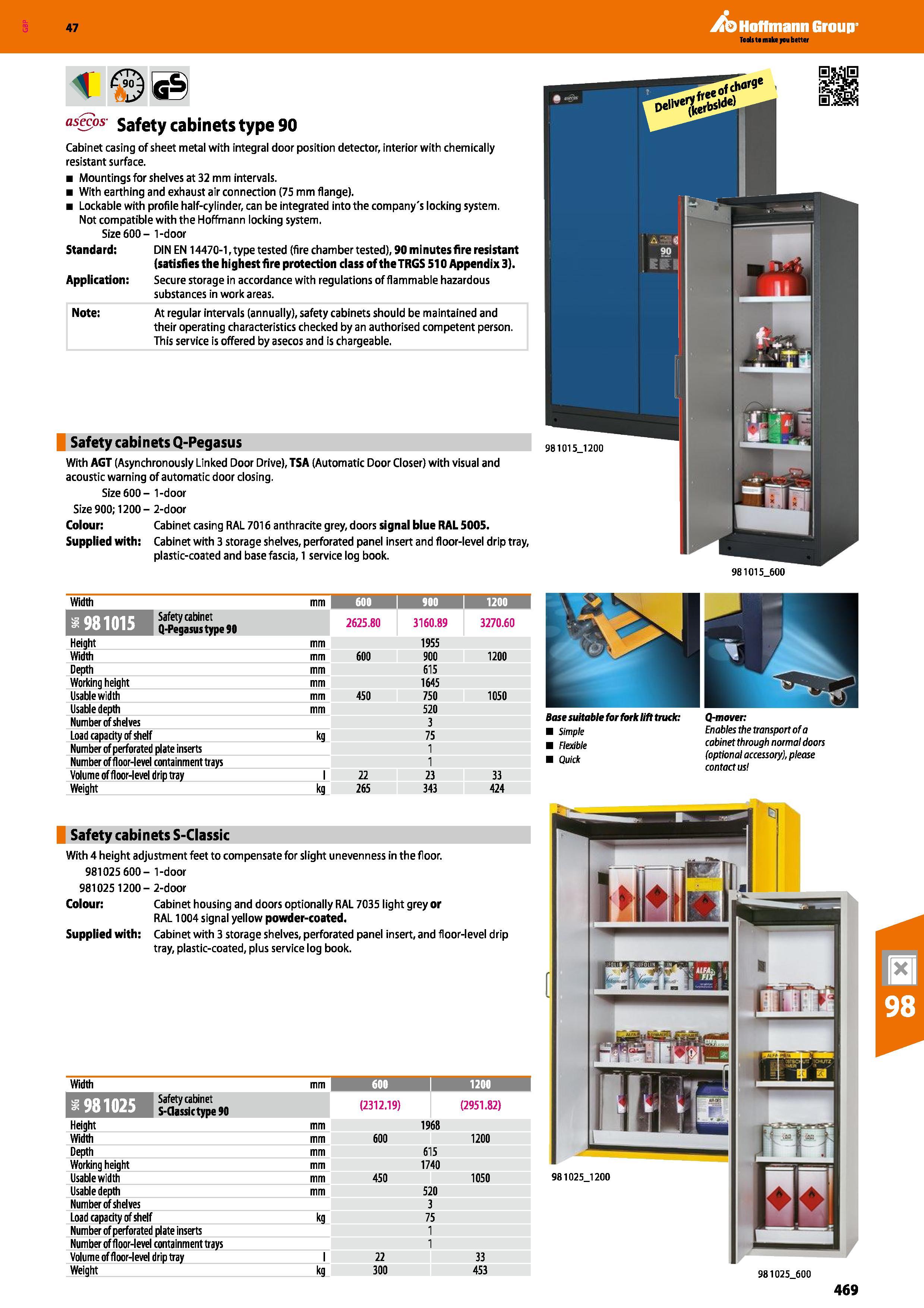 469 Hoffmann Group 47 asecos Safety cabinets type 90 Cabinet casing of sheet metal with integral door position detector, interior with chemically res Каталог HOFFMANN GROUP 2016 Производственная мебель для работы хранения и транспортировки в условиях промышленных предприятий и сервисных мастерских Вер. 47 ENG Стр. 469