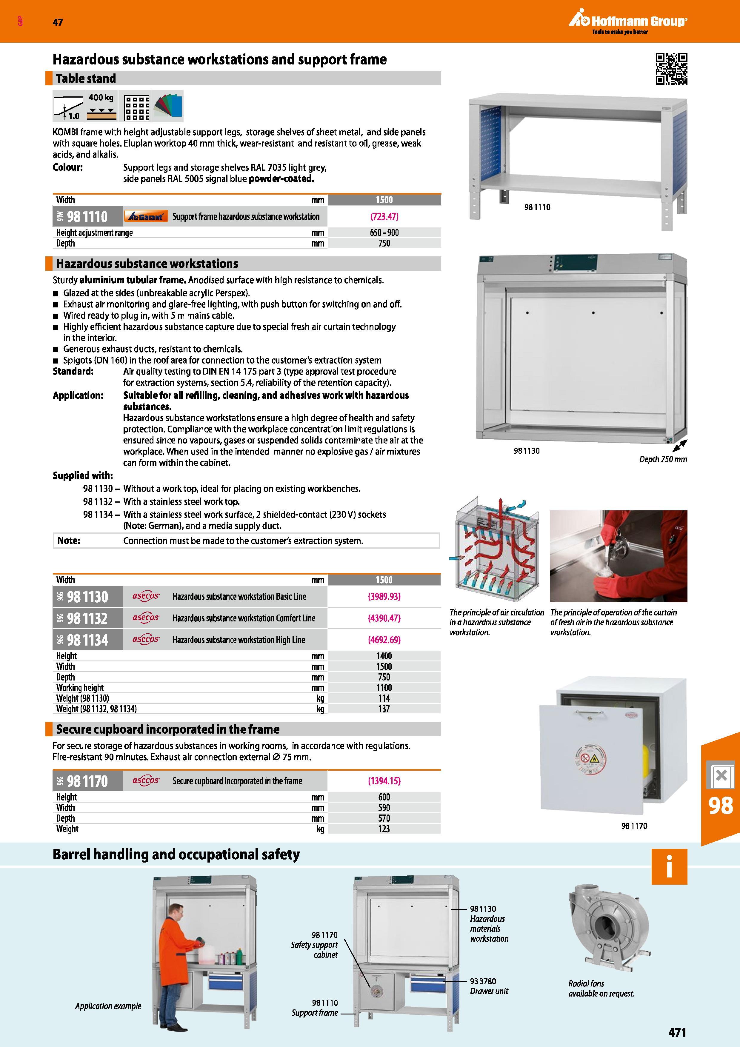 471 Hoffmann Group 47 Hazardous substance workstations and support frame Table stand 400 kg T n n n n 41 KOMBI frame with height adjustable support l Каталог HOFFMANN GROUP 2016 Производственная мебель для работы хранения и транспортировки в условиях промышленных предприятий и сервисных мастерских Вер. 47 ENG Стр. 471