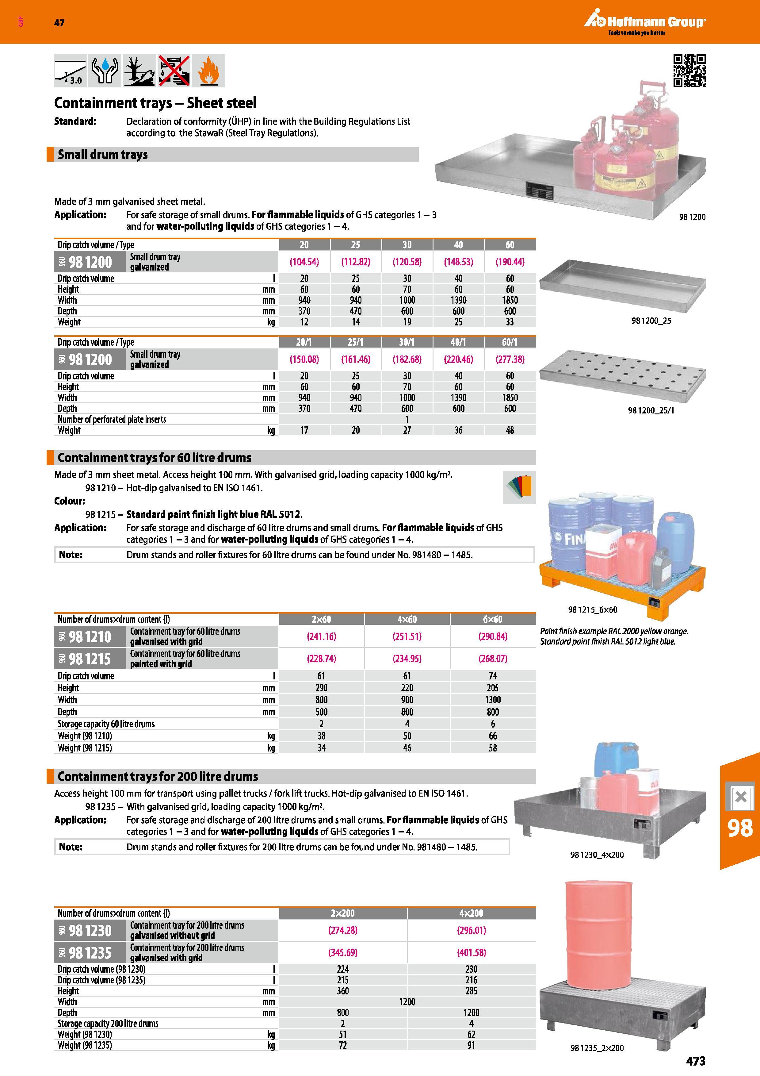 473 Hoffmann Group 47 -T3 0 Containment trays - Sheet steel Standard: Declaration of conformity (UHP) in line with the Building Regulations List acco Каталог HOFFMANN GROUP 2016 Производственная мебель для работы хранения и транспортировки в условиях промышленных предприятий и сервисных мастерских Вер. 47 ENG Стр. 473