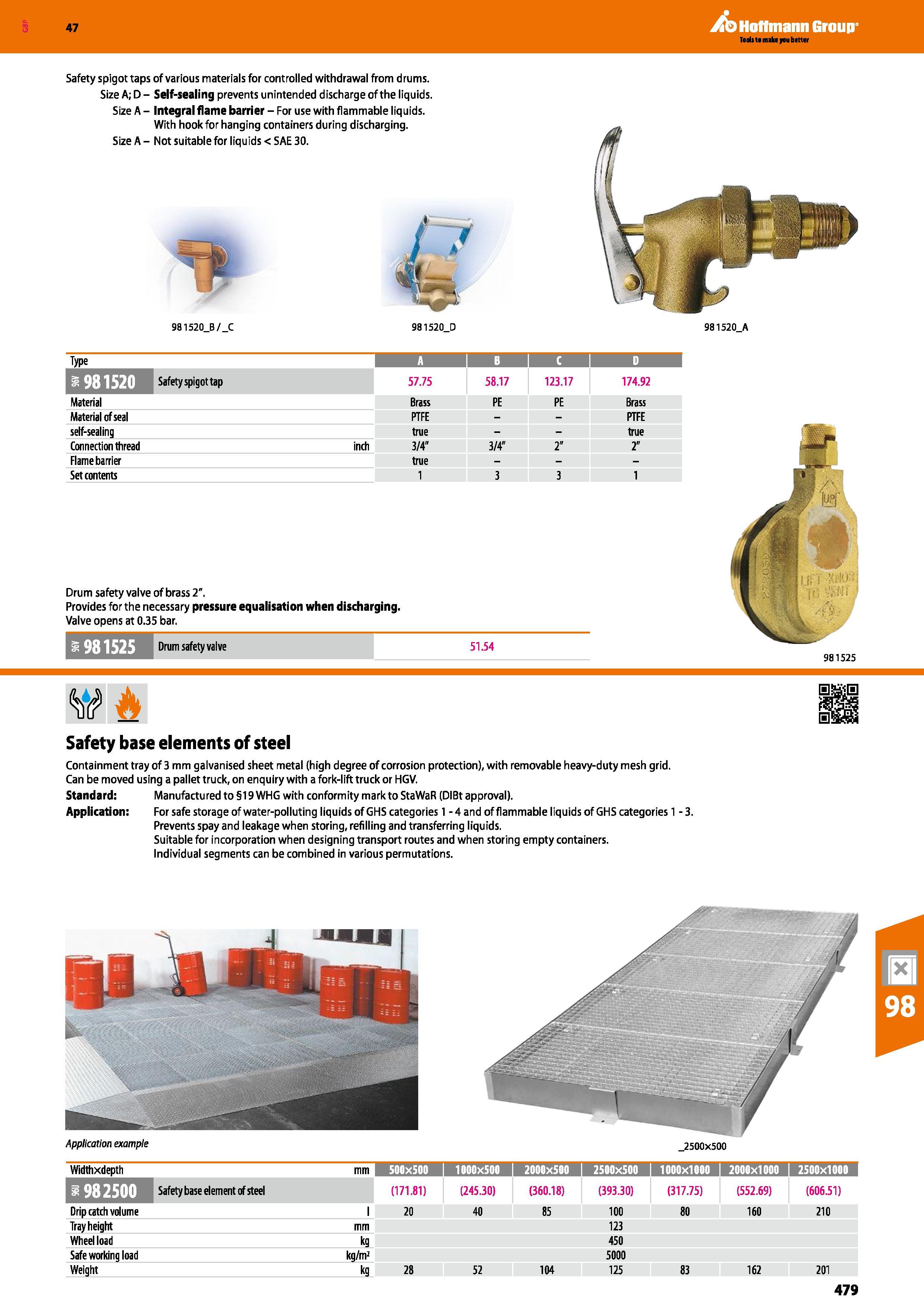 479 Hoffmann Group 47 Safety spigot taps of various materials for controlled withdrawal from drums Size A; D - Self-sealing prevents unintended disch Каталог HOFFMANN GROUP 2016 Производственная мебель для работы хранения и транспортировки в условиях промышленных предприятий и сервисных мастерских Вер. 47 ENG Стр. 479