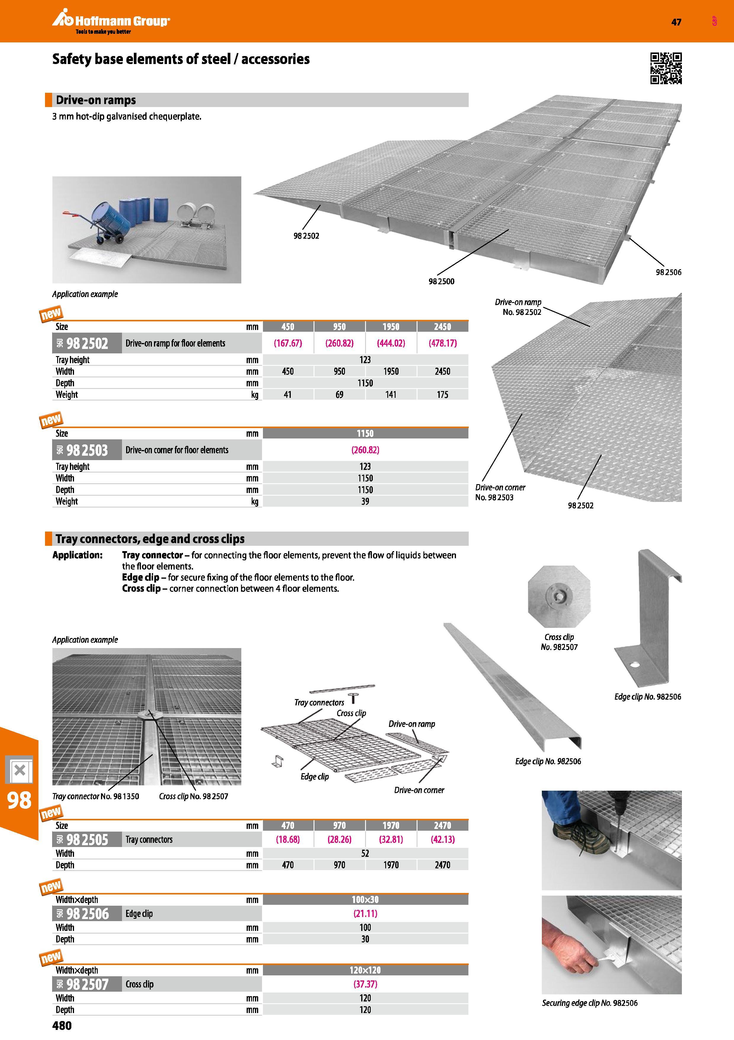 480 Hoffmann Group 47 Safety base elements of steel / accessories Drive-on ramps 3 mm hot-dip galvanised chequerplate 982502 982500 Application examp Каталог HOFFMANN GROUP 2016 Производственная мебель для работы хранения и транспортировки в условиях промышленных предприятий и сервисных мастерских Вер. 47 ENG Стр. 480