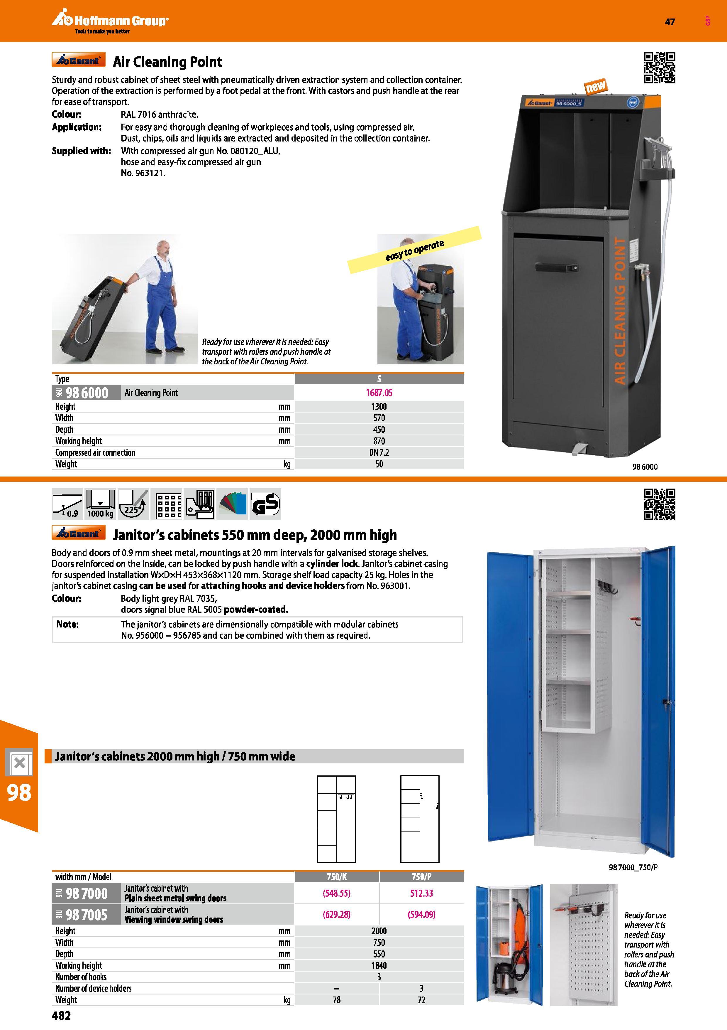 482 Hoffmann Group 47 Air Cleaning Point Sturdy and robust cabinet of sheet steel with pneumatically driven extraction system and collection containe Каталог HOFFMANN GROUP 2016 Производственная мебель для работы хранения и транспортировки в условиях промышленных предприятий и сервисных мастерских Вер. 47 ENG Стр. 482
