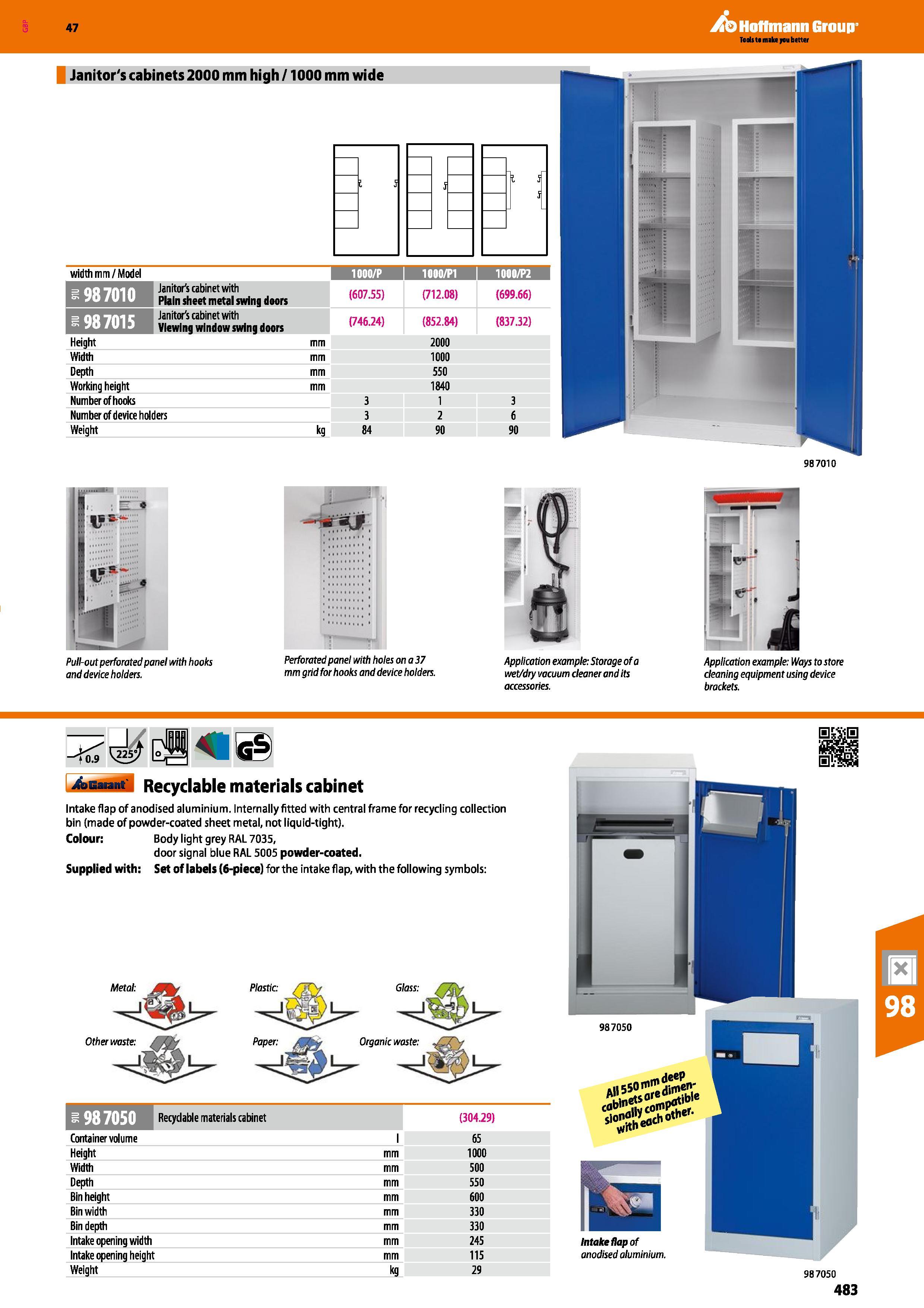 483 Hoffmann Group 47 Janitor's cabinets 2000 mm high /1000 mm wide 1 5 J \ 5f S width mm /Model 1 1000/P i 1000/PI j 1000/P2 I Janitor's cabinet wit Каталог HOFFMANN GROUP 2016 Производственная мебель для работы хранения и транспортировки в условиях промышленных предприятий и сервисных мастерских Вер. 47 ENG Стр. 483