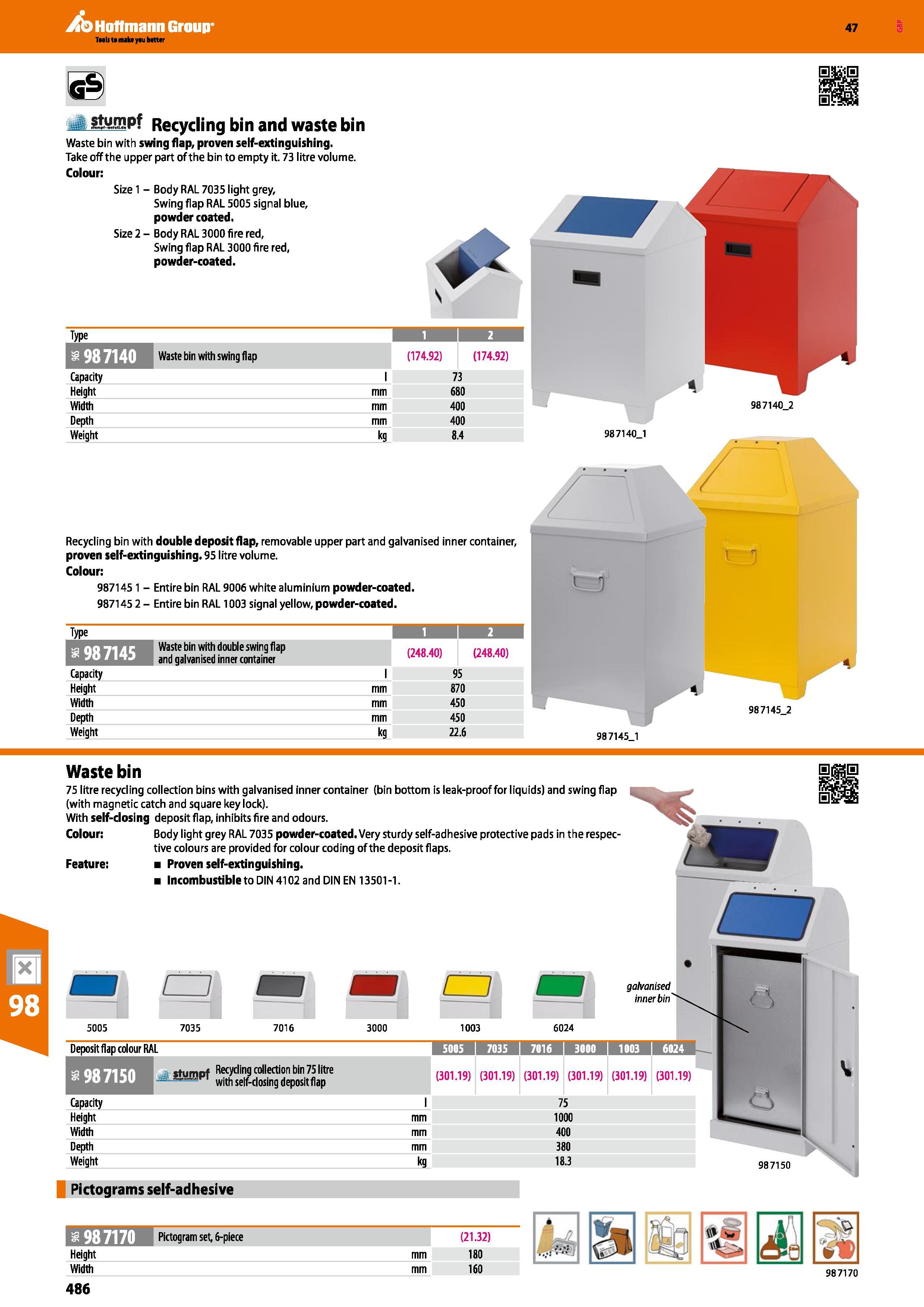 486 Hoffmann Group 47 dt S-teHPf Recycling bin and waste bin Waste bin with swing flap, proven self-extinguishing Take off the upper part of the bin Каталог HOFFMANN GROUP 2016 Производственная мебель для работы хранения и транспортировки в условиях промышленных предприятий и сервисных мастерских Вер. 47 ENG Стр. 486