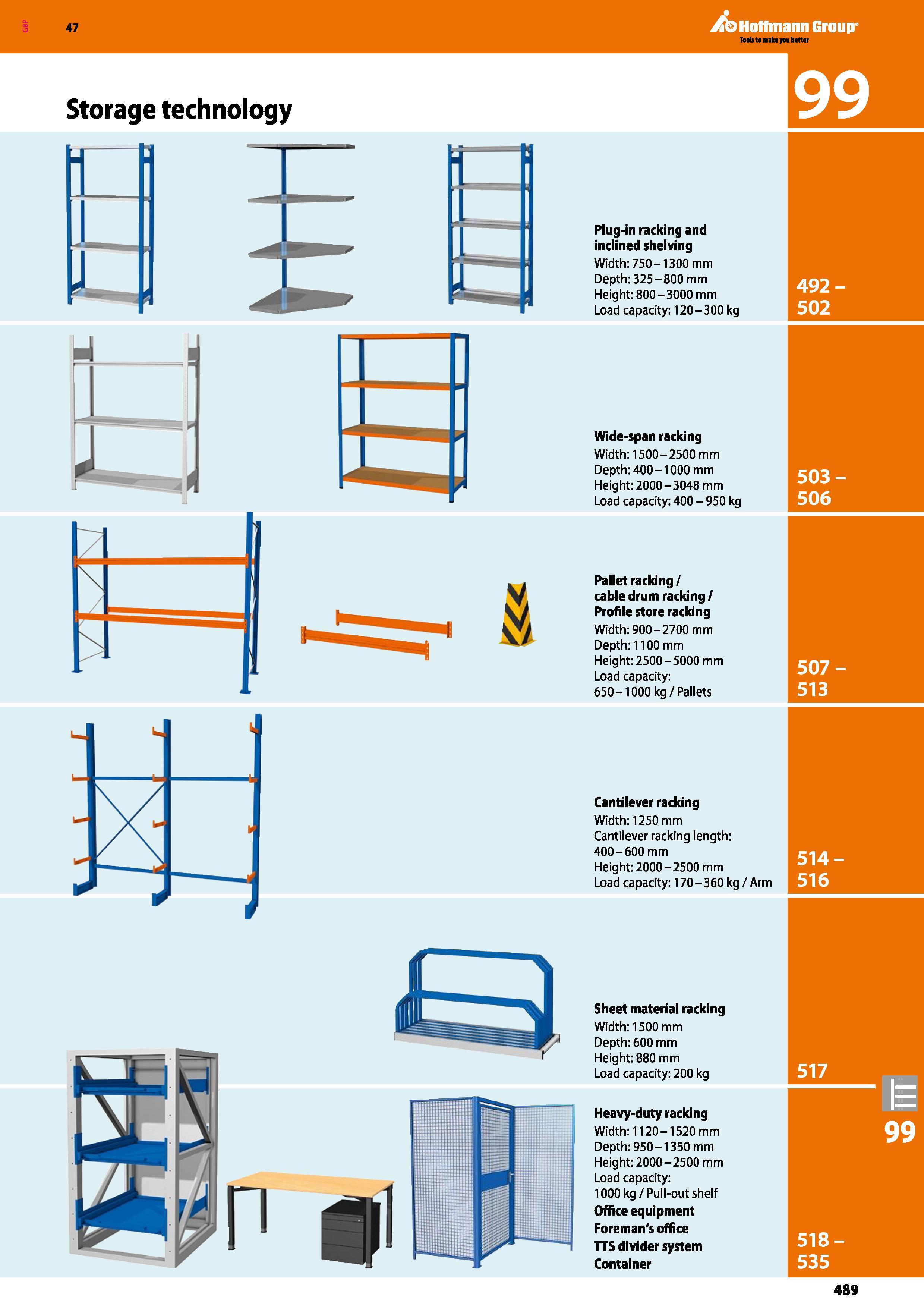 489 Hoffmann Group 47 Storage technology Plug-in racking and inclined shelving Width: 750-1300 mm Depth: 325-800 mm Heig ht: 800 - 3000 mm Load capac Каталог HOFFMANN GROUP 2016 Производственная мебель для работы хранения и транспортировки в условиях промышленных предприятий и сервисных мастерских Вер. 47 ENG Стр. 489