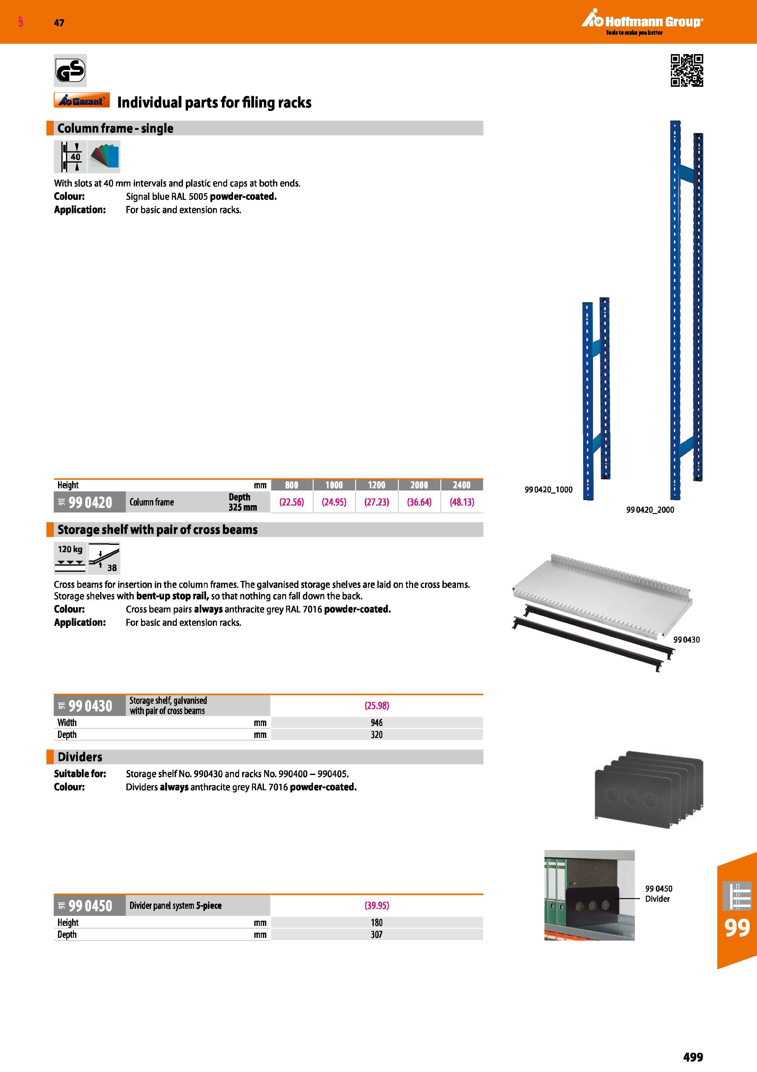 499 Hoffmann Group 47 4asat M Individual parts for filing racks Column frame - single With slots at 40 mm intervals and plastic end caps at both ends Каталог HOFFMANN GROUP 2016 Производственная мебель для работы хранения и транспортировки в условиях промышленных предприятий и сервисных мастерских Вер. 47 ENG Стр. 499