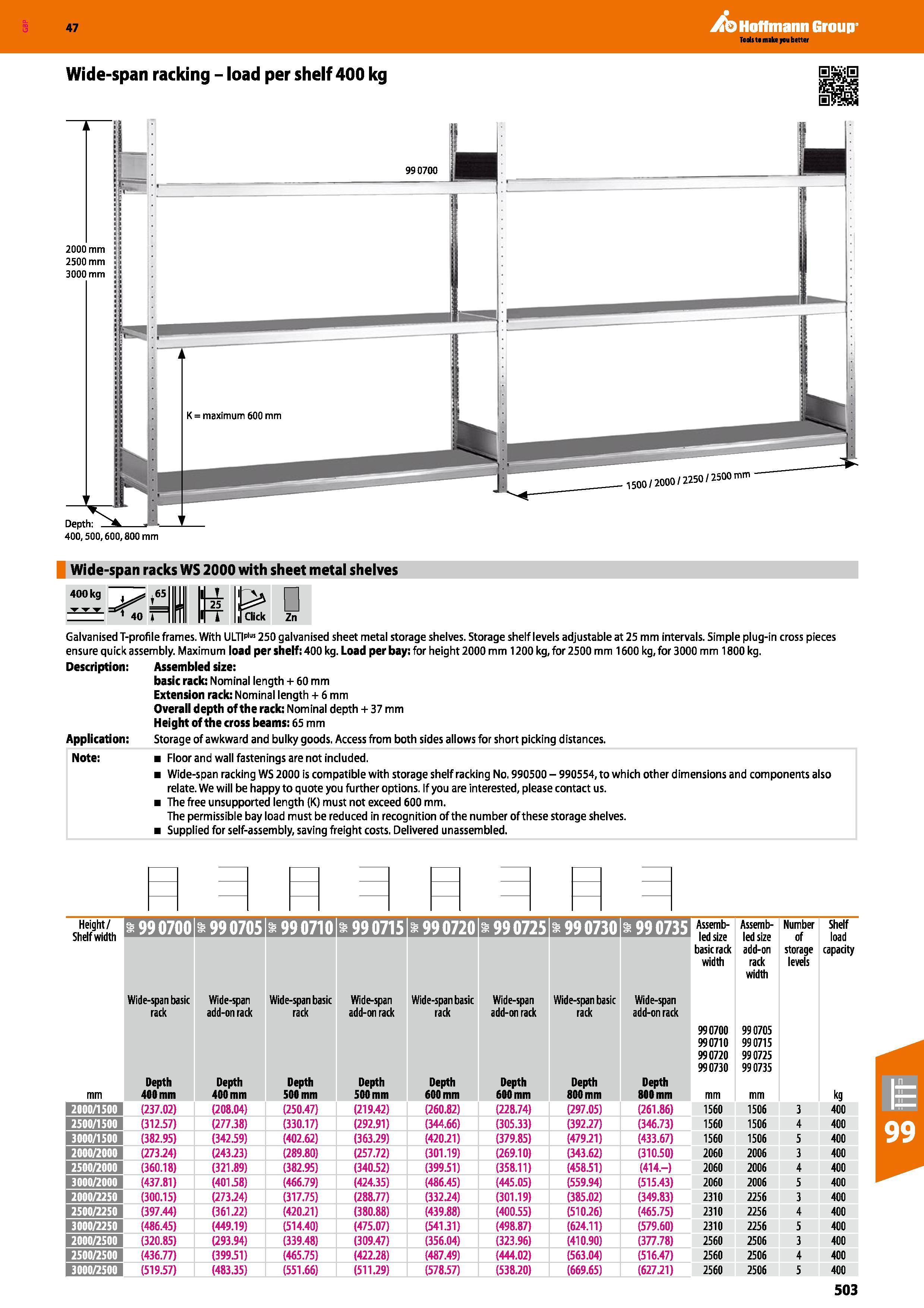 503 Hoffmann Group 47 Wide-span racking - load per shelf 400 kg Depth: 400,500,600,800 mm Wide-span racks WS 2000 with sheet metal shelves 400kg 65 I Каталог HOFFMANN GROUP 2016 Производственная мебель для работы хранения и транспортировки в условиях промышленных предприятий и сервисных мастерских Вер. 47 ENG Стр. 503
