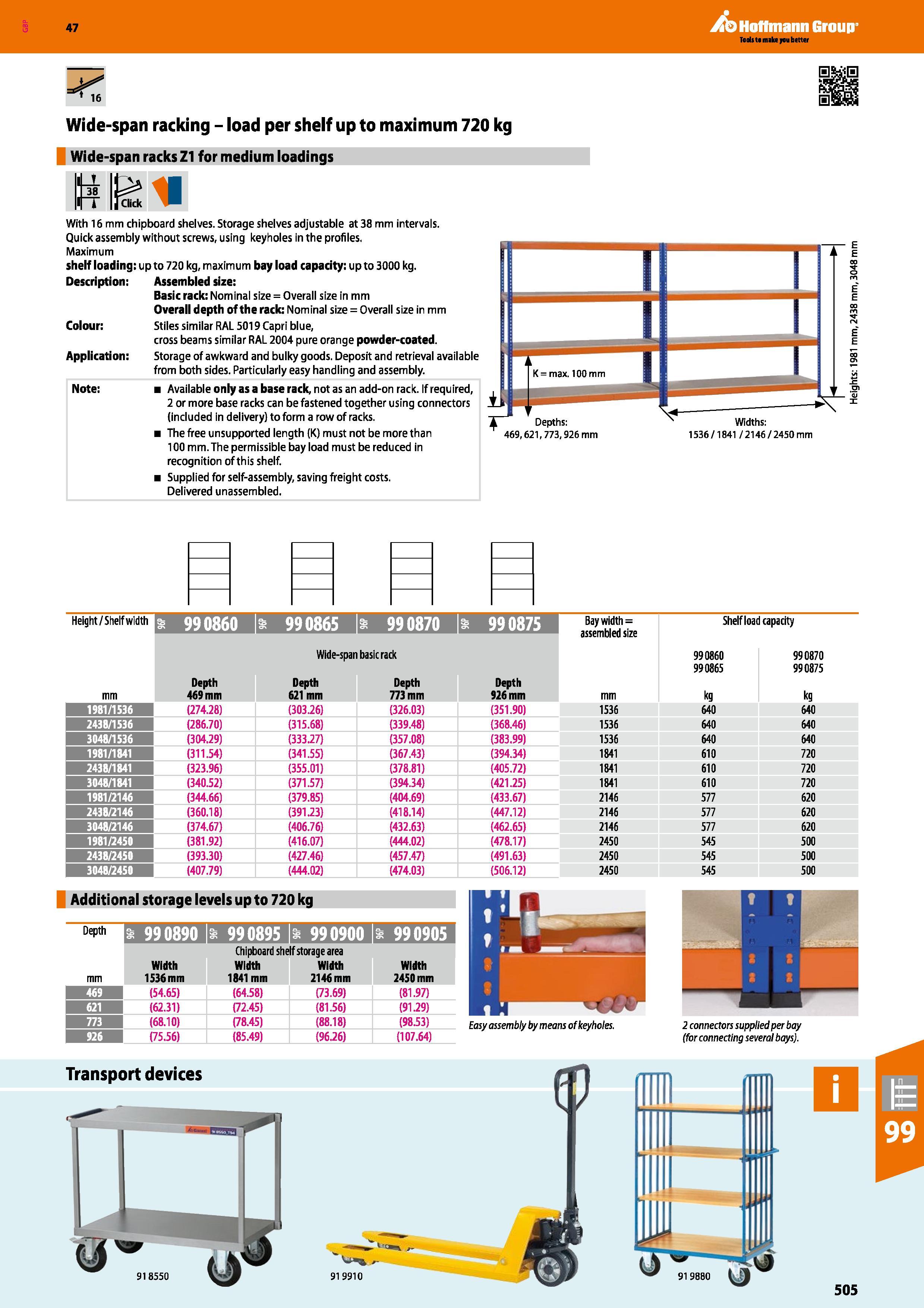 505 Hoffmann Group 47 Wide-span racking - load per shelf up to maximum 720 kg Wide-span racks Z1 for medium loadings J 38 With 16 mm chipboard shelve Каталог HOFFMANN GROUP 2016 Производственная мебель для работы хранения и транспортировки в условиях промышленных предприятий и сервисных мастерских Вер. 47 ENG Стр. 505