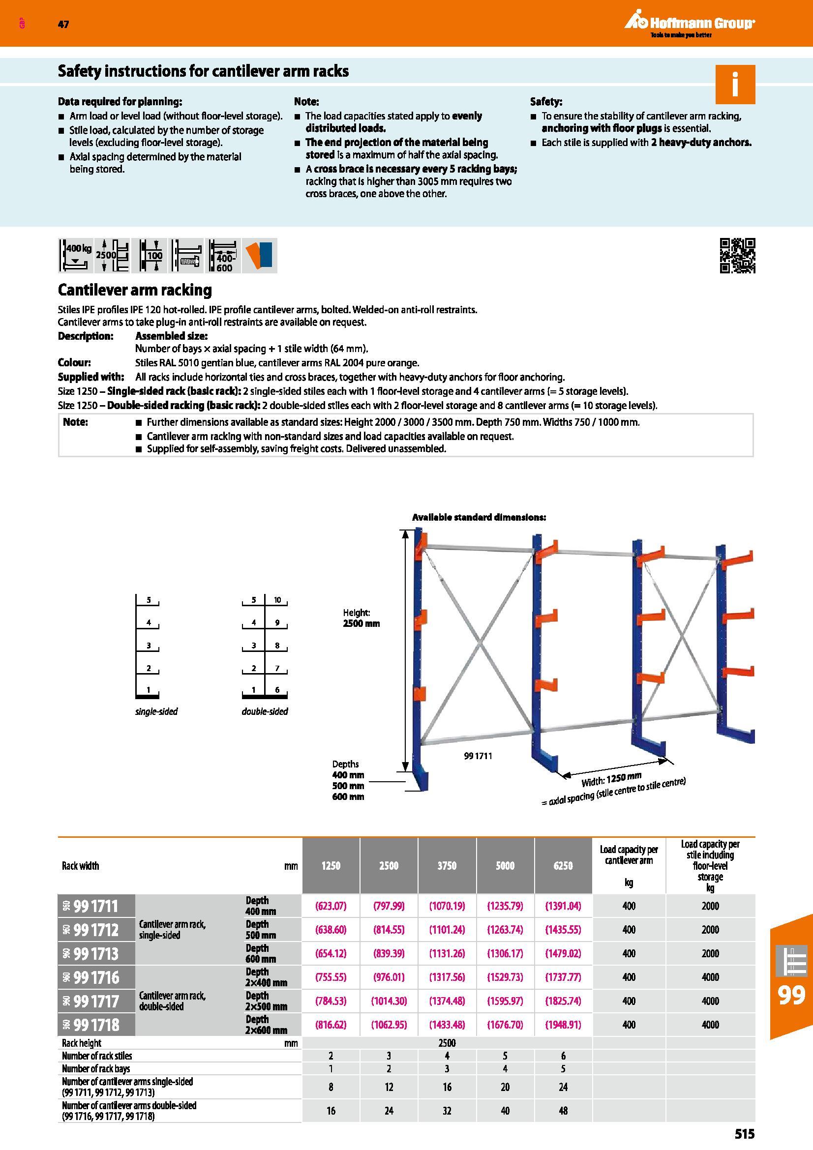 515 Safety instructions for cantilever arm racks Data required for planning: Arm load or level load (without floor-level storage) Stile load, calcula Каталог HOFFMANN GROUP 2016 Производственная мебель для работы хранения и транспортировки в условиях промышленных предприятий и сервисных мастерских Вер. 47 ENG Стр. 515