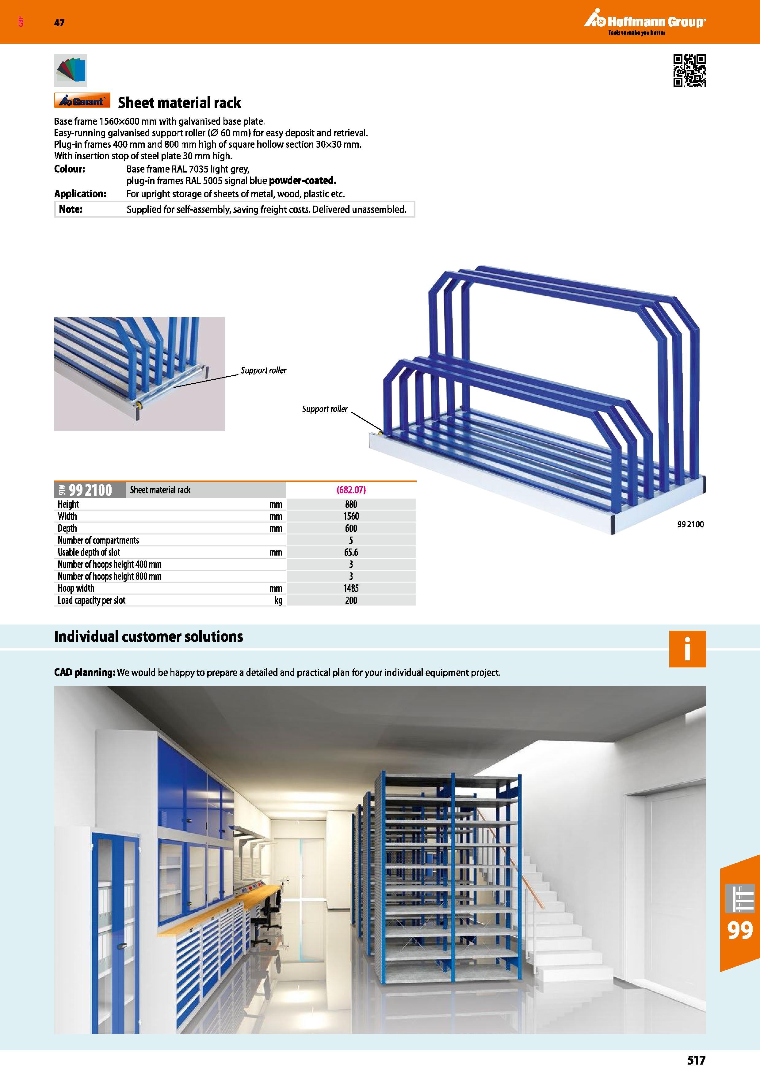 517 Hoffmann Group 47 4asat M Sheet material rack Base frame 1560x600 mm with galvanised base plate Easy-running galvanised support roller (0 60 mm) Каталог HOFFMANN GROUP 2016 Производственная мебель для работы хранения и транспортировки в условиях промышленных предприятий и сервисных мастерских Вер. 47 ENG Стр. 517