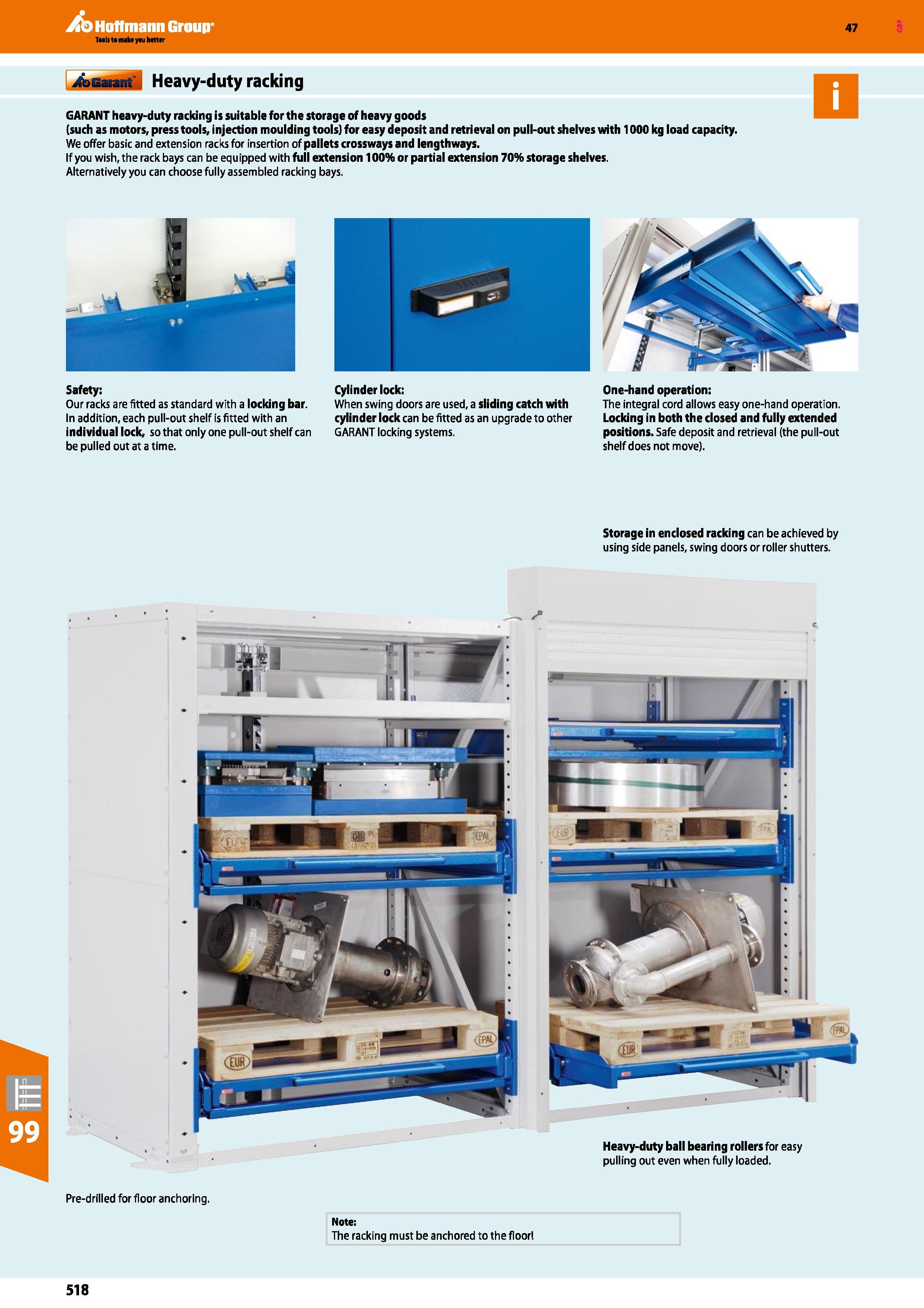 518 Hoffmann Group 47 jtbgaumk Heavy-duty racking GARANT heavy-duty racking is suitable for the storage of heavy goods (such as motors, press tools, Каталог HOFFMANN GROUP 2016 Производственная мебель для работы хранения и транспортировки в условиях промышленных предприятий и сервисных мастерских Вер. 47 ENG Стр. 518